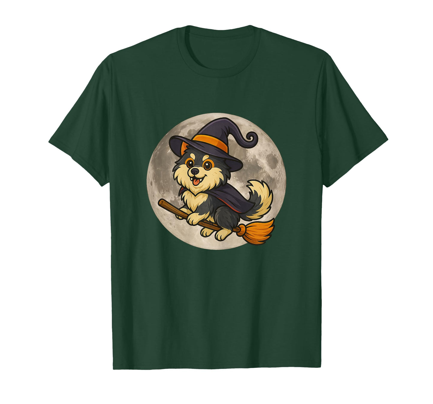 Pomsky Witch Halloween, Cute Dog Flying on Broom T-Shirt