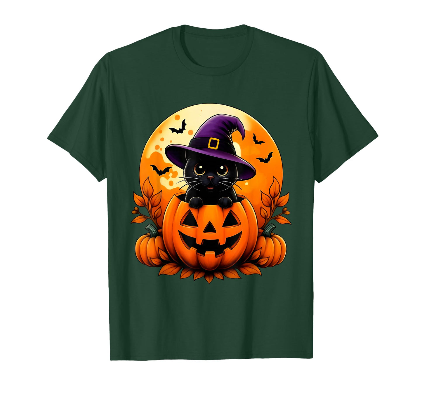Black Cat Witch Pumpkin Halloween Funny T-Shirt