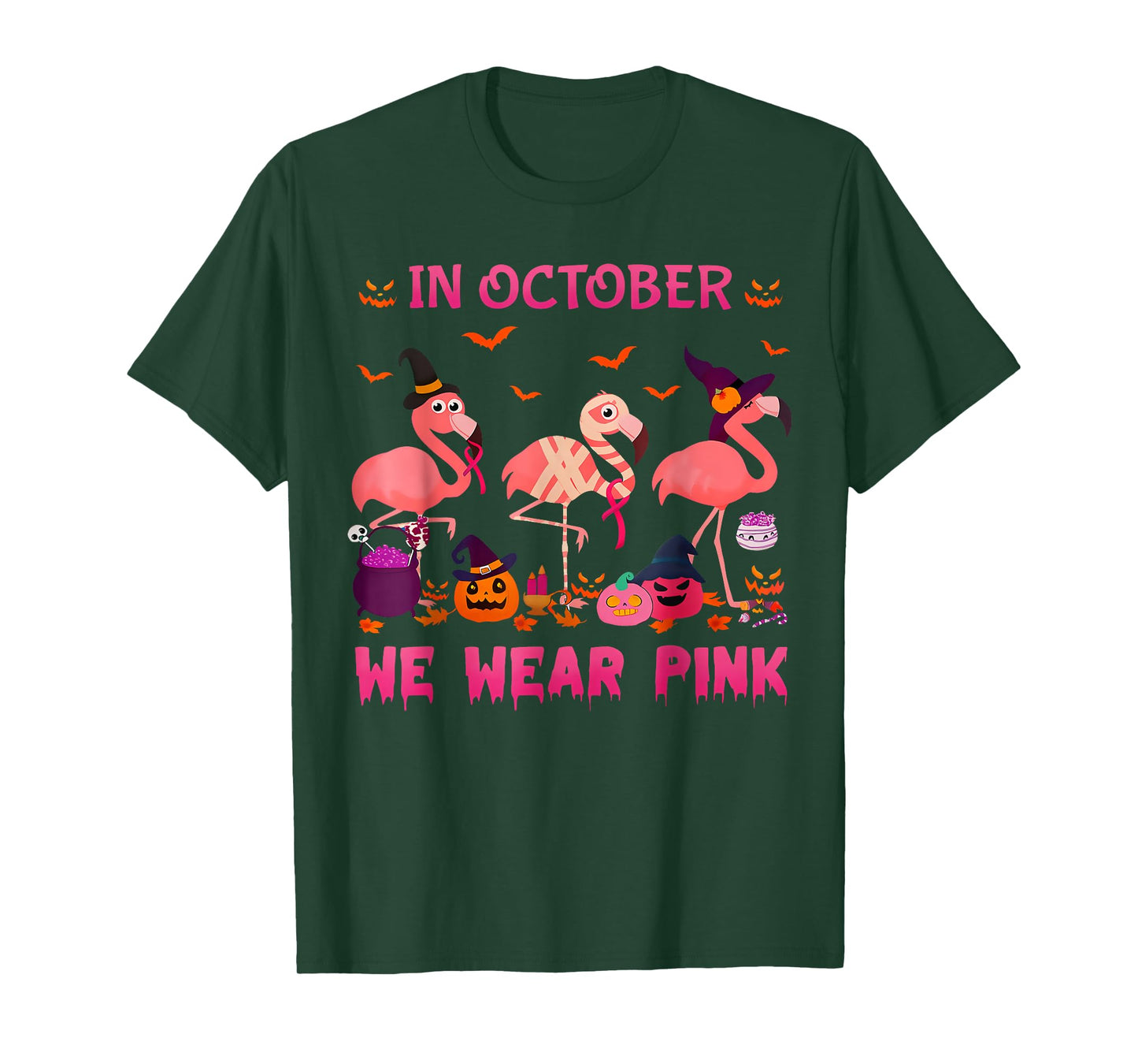 in October We Wear Pink Flamingo Halloween Breast Cancer T-Shirt