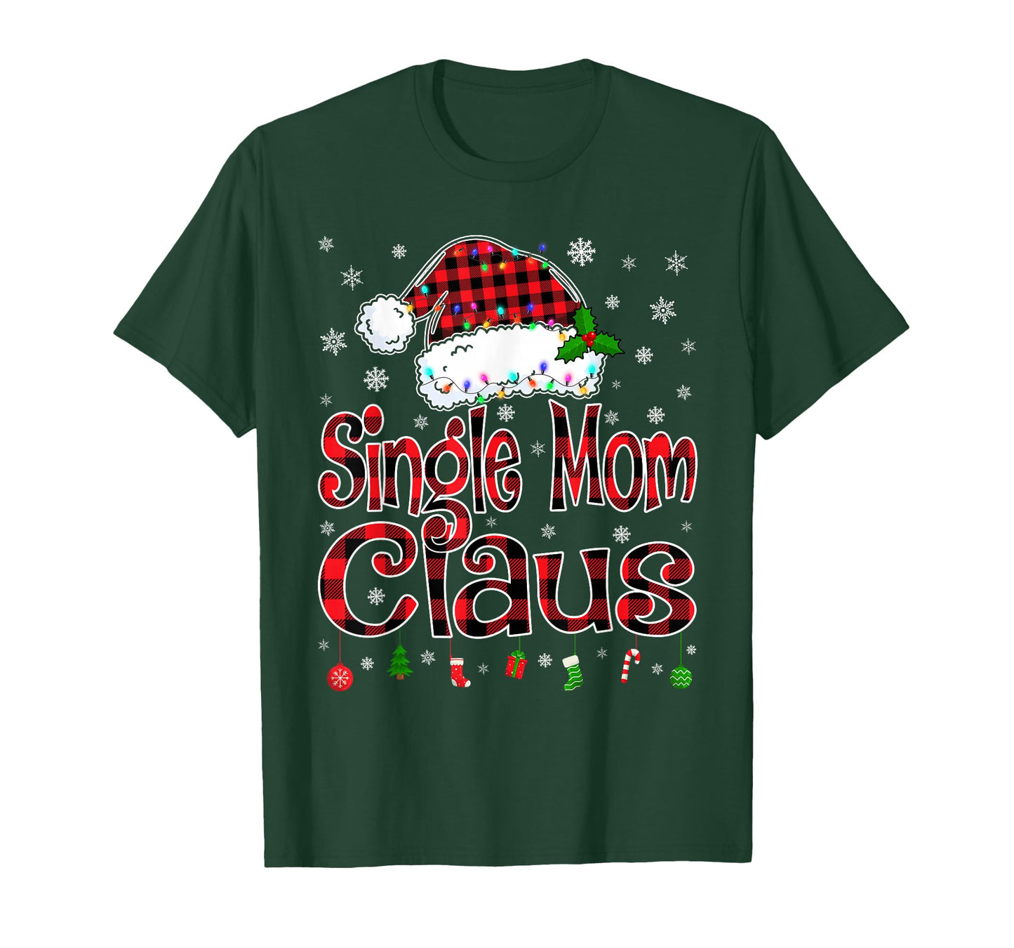 Single Mom Claus Christmas Light Xmas Pajama Matching Family T-Shirt
