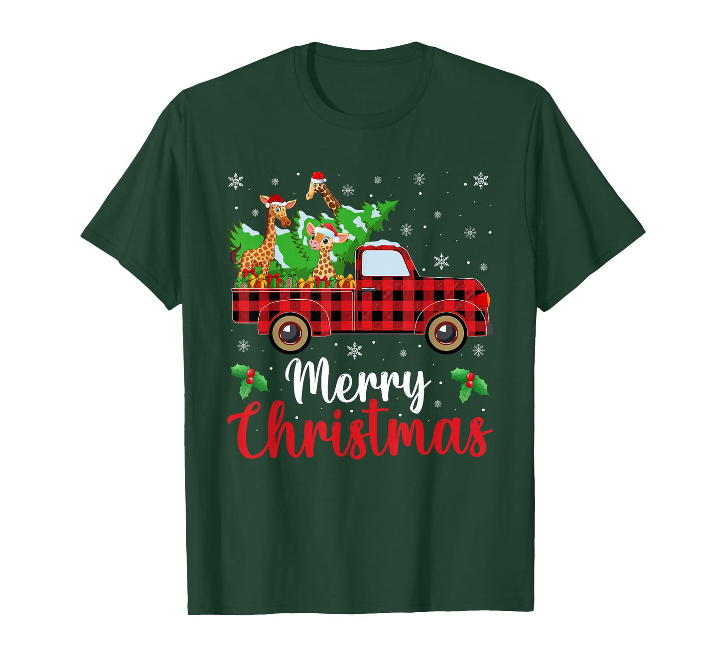 Giraffe Christmas Tree Truck Buffalo Plaid Xmas Christmas T-Shirt