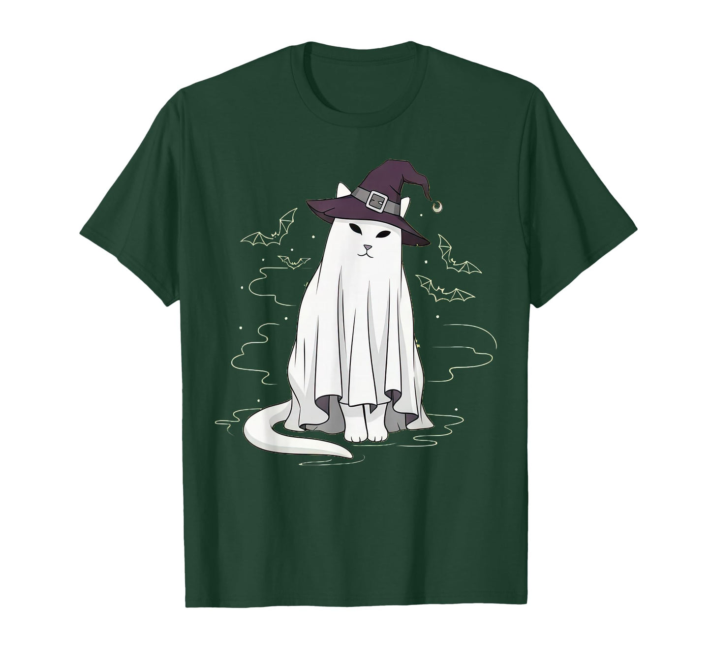 Cat Ghost White Sheet in Purple Witch Hat for Halloween T-Shirt