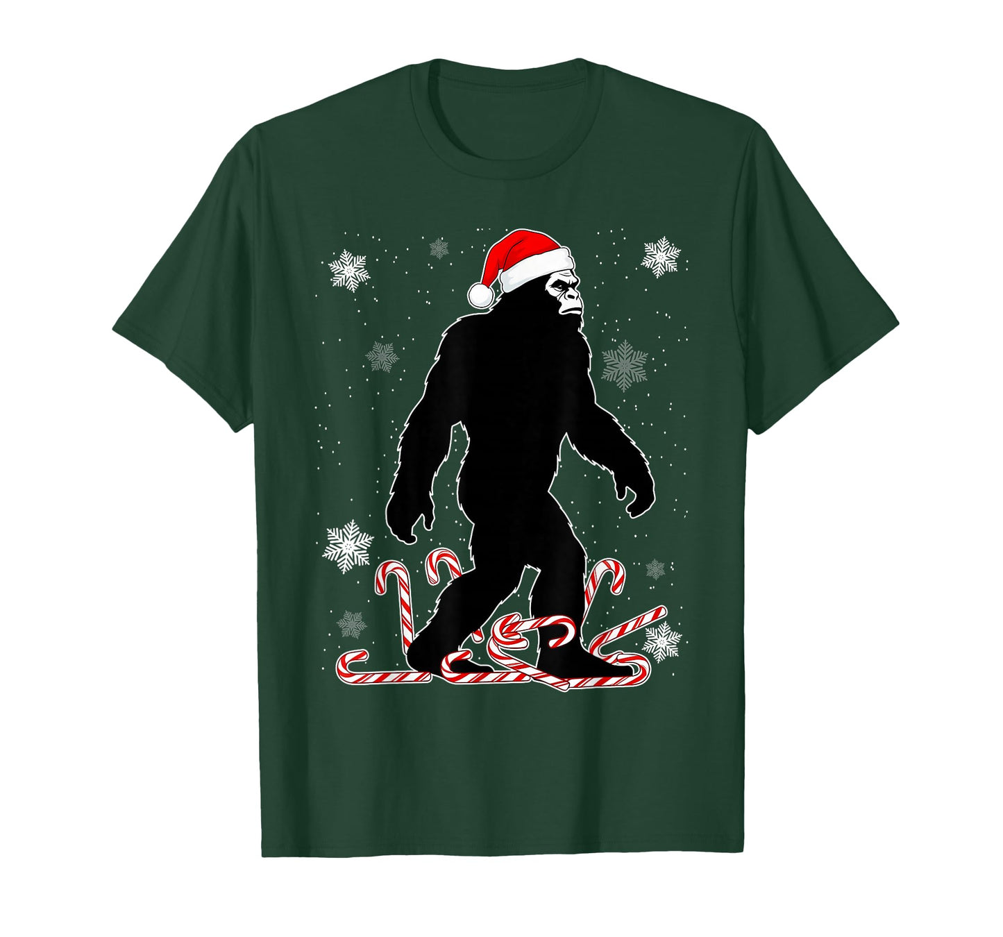 Funny Christmas Bigfoot with Santa Hat Carrying Candy Canes T-Shirt