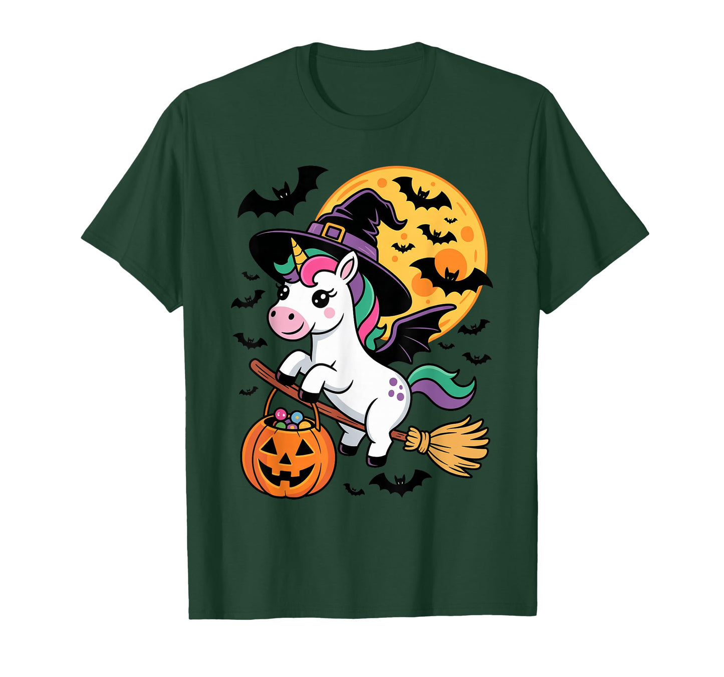 Kawaii Unicorn in Witch Hat on a Broom Halloween Costume T-Shirt