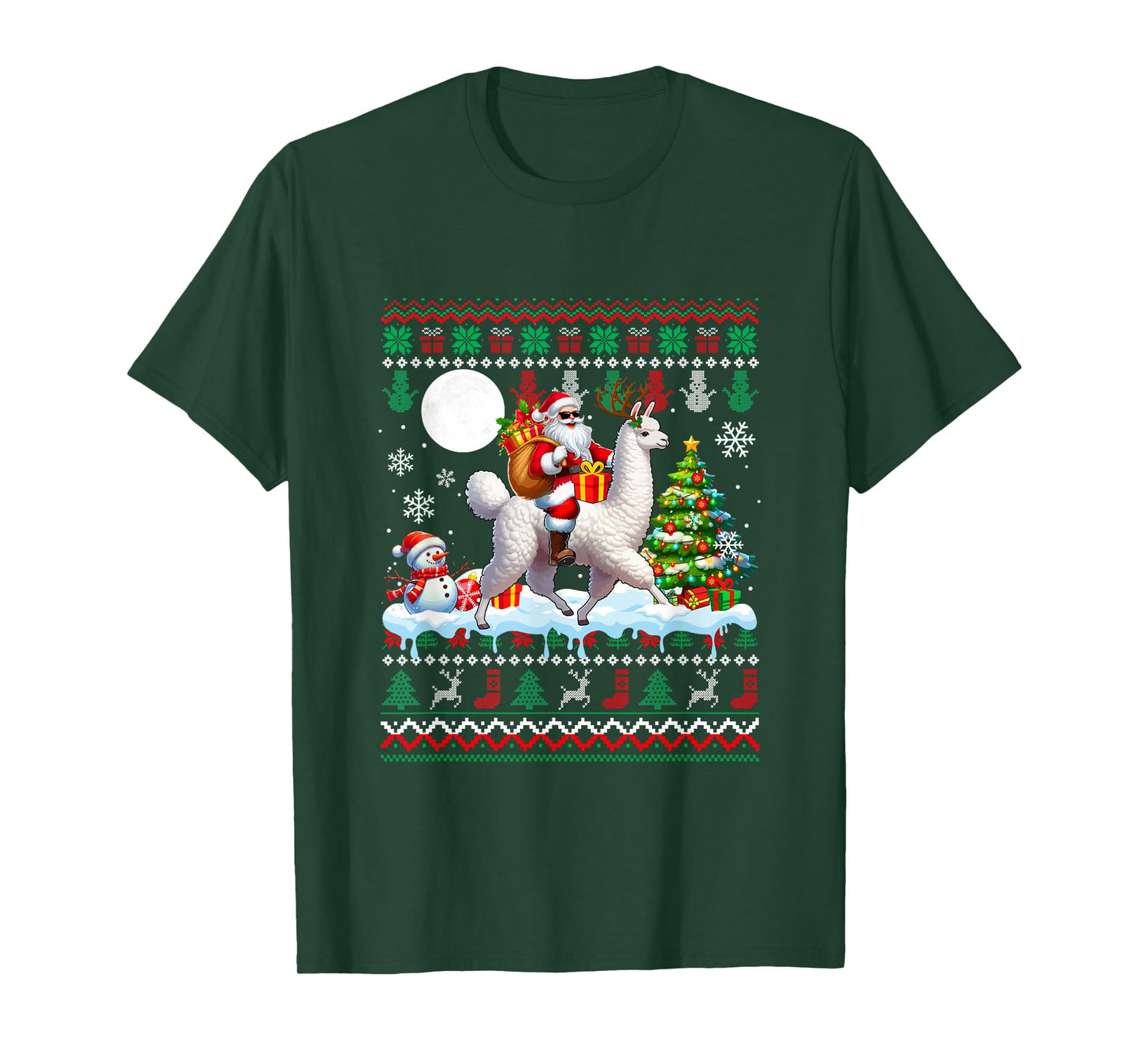 Santa Sunglasses Riding Llama Christmas Sweater Snowman T-Shirt