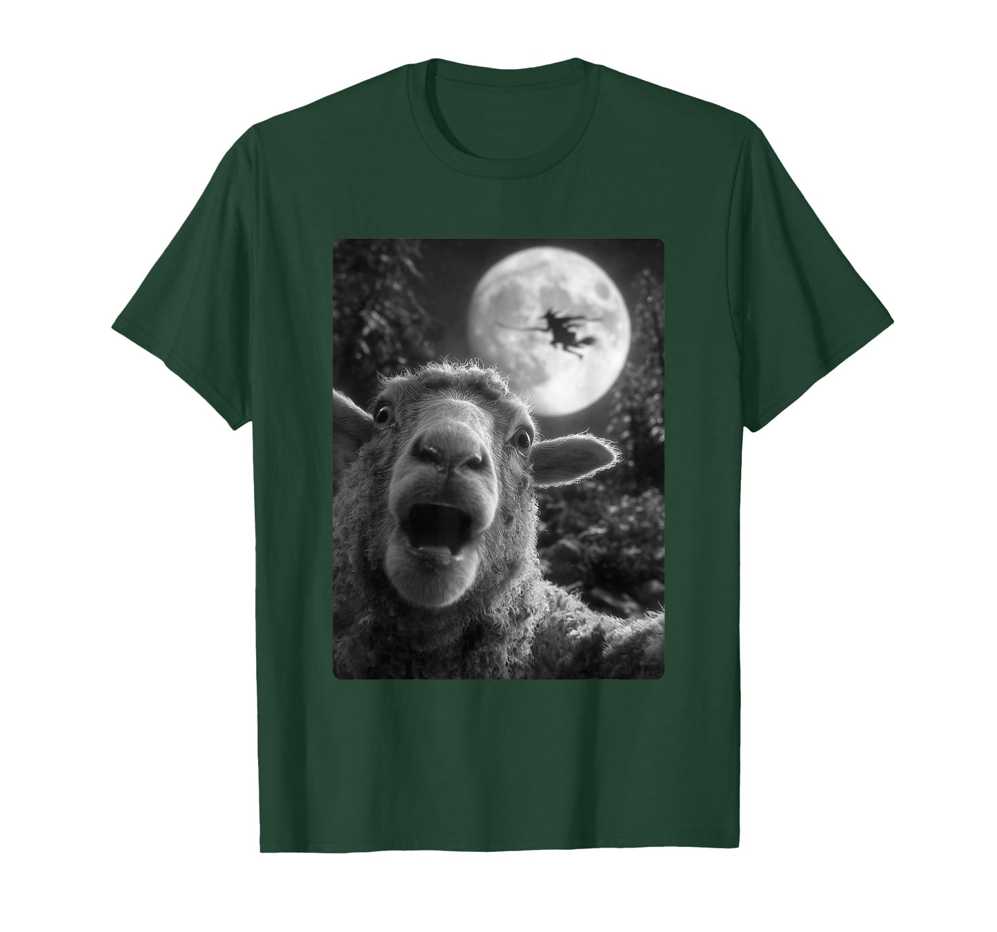 Funny Sheep Selfie Full Moon Flying Witch Forest Halloween T-Shirt