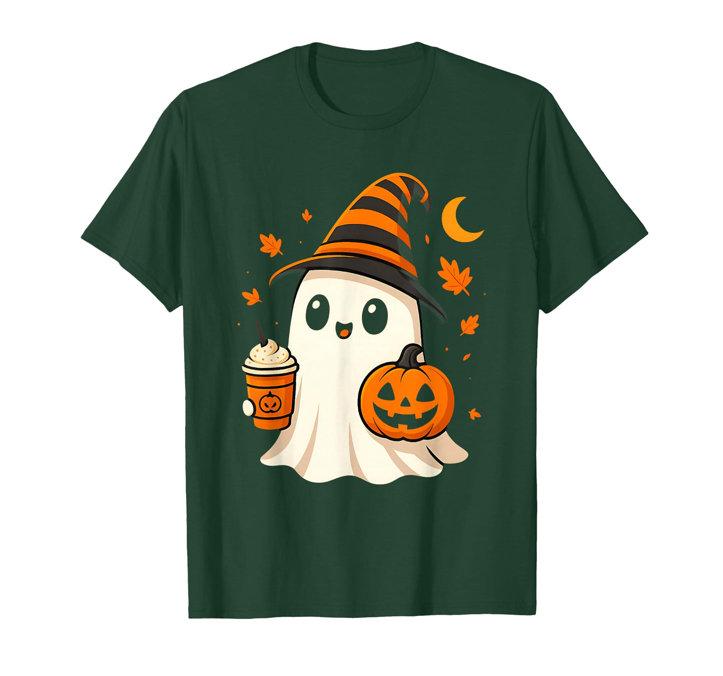 Cute Ghost Drinking ice Coffee Funny Halloween Pumpkin T-Shirt