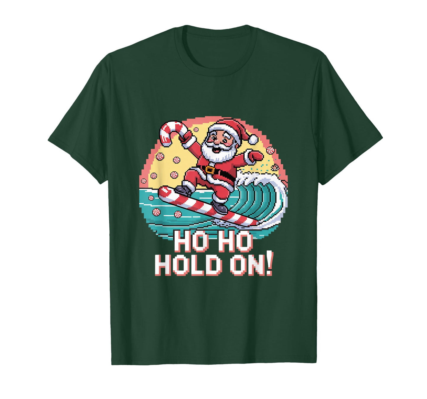 Ho Ho Hold On Pixel Santa Surf Design T-Shirt