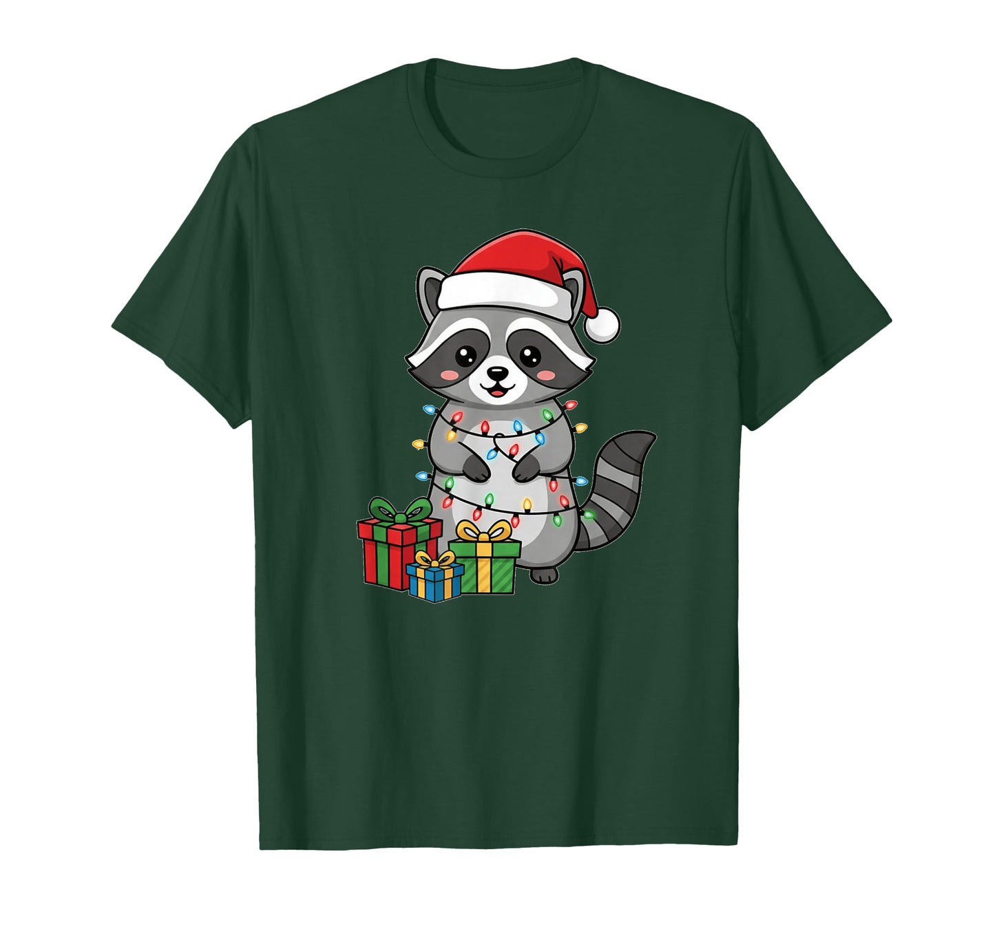 Christmas Raccoon Cartoon Cute Chibi Kawaii Santa Hat Lights T-Shirt