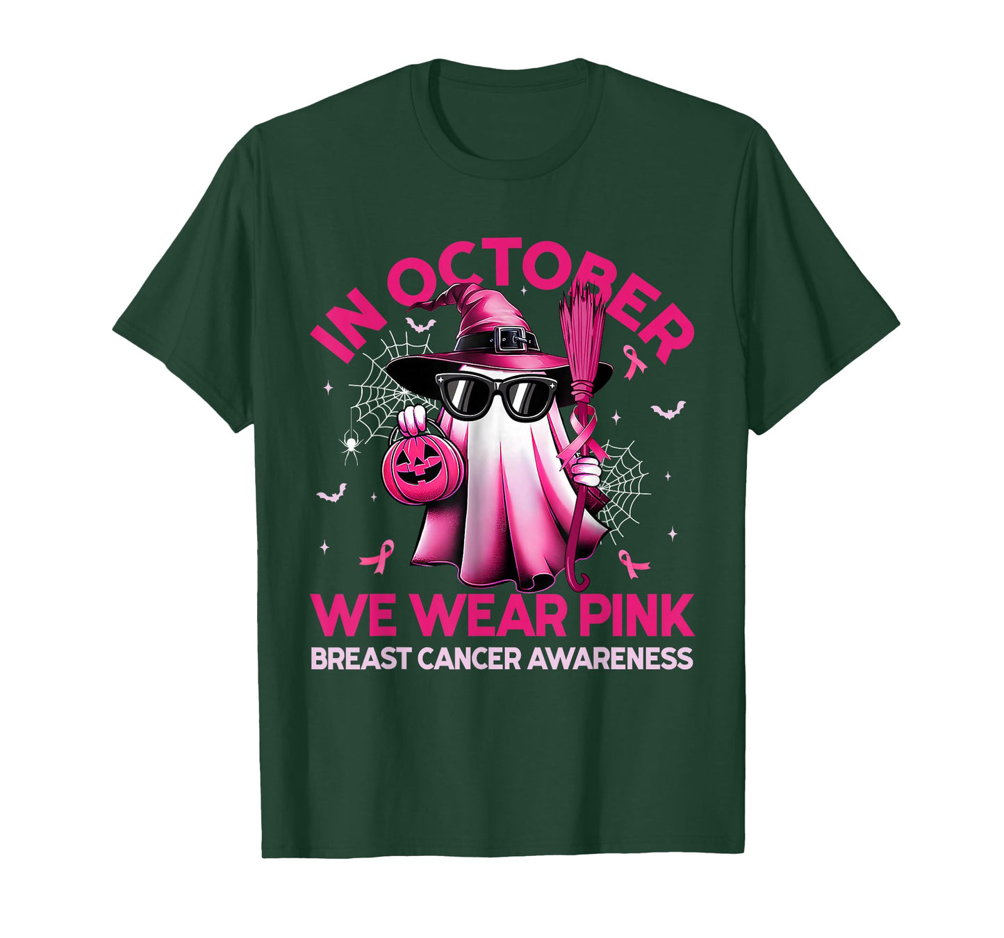 in October We Wear Pink Ghost Witch Breast Cancer Awareness T-Shirt