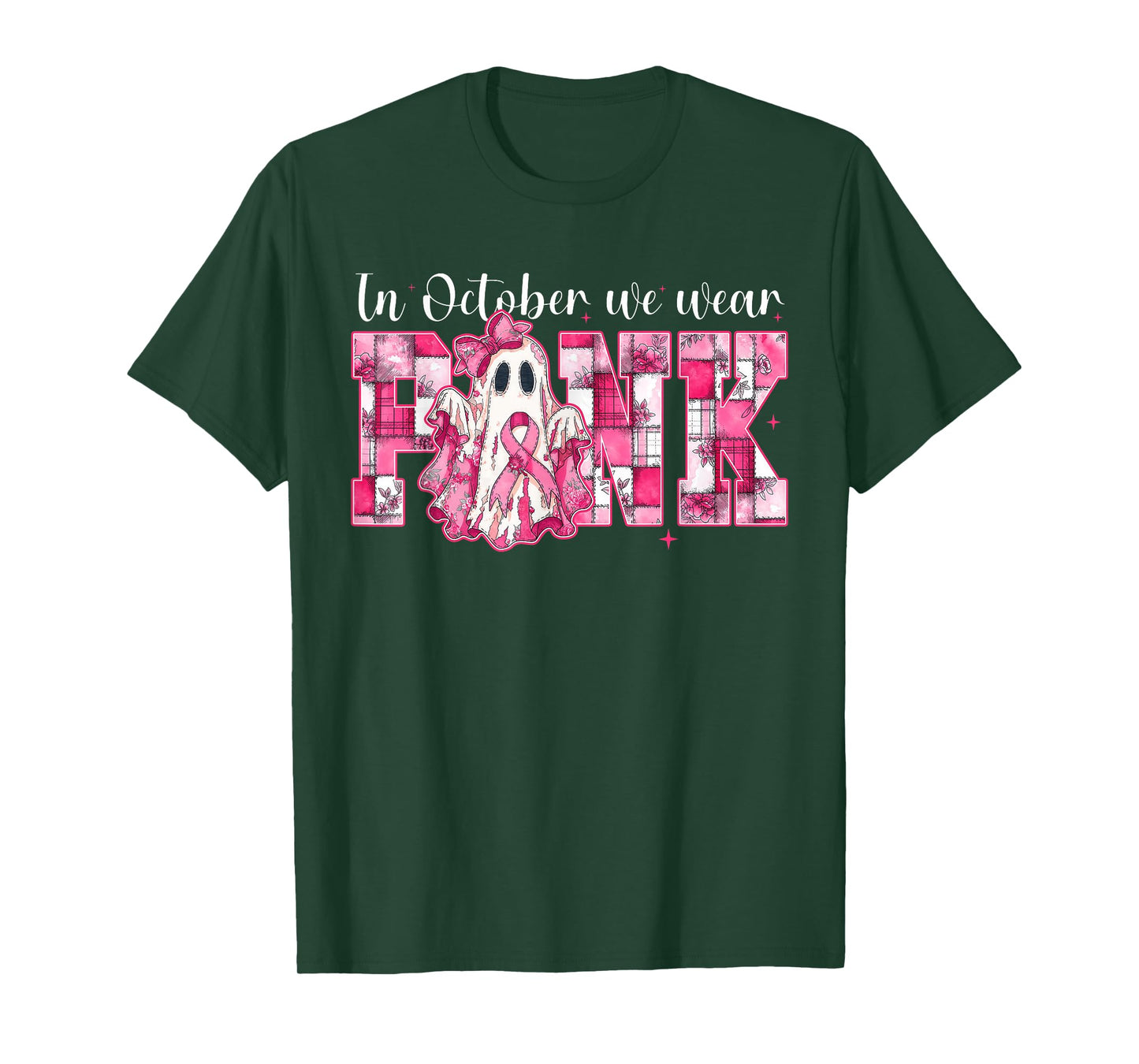 in October We Wear Pink Ghost Witch Breast Cancer Awareness T-Shirt