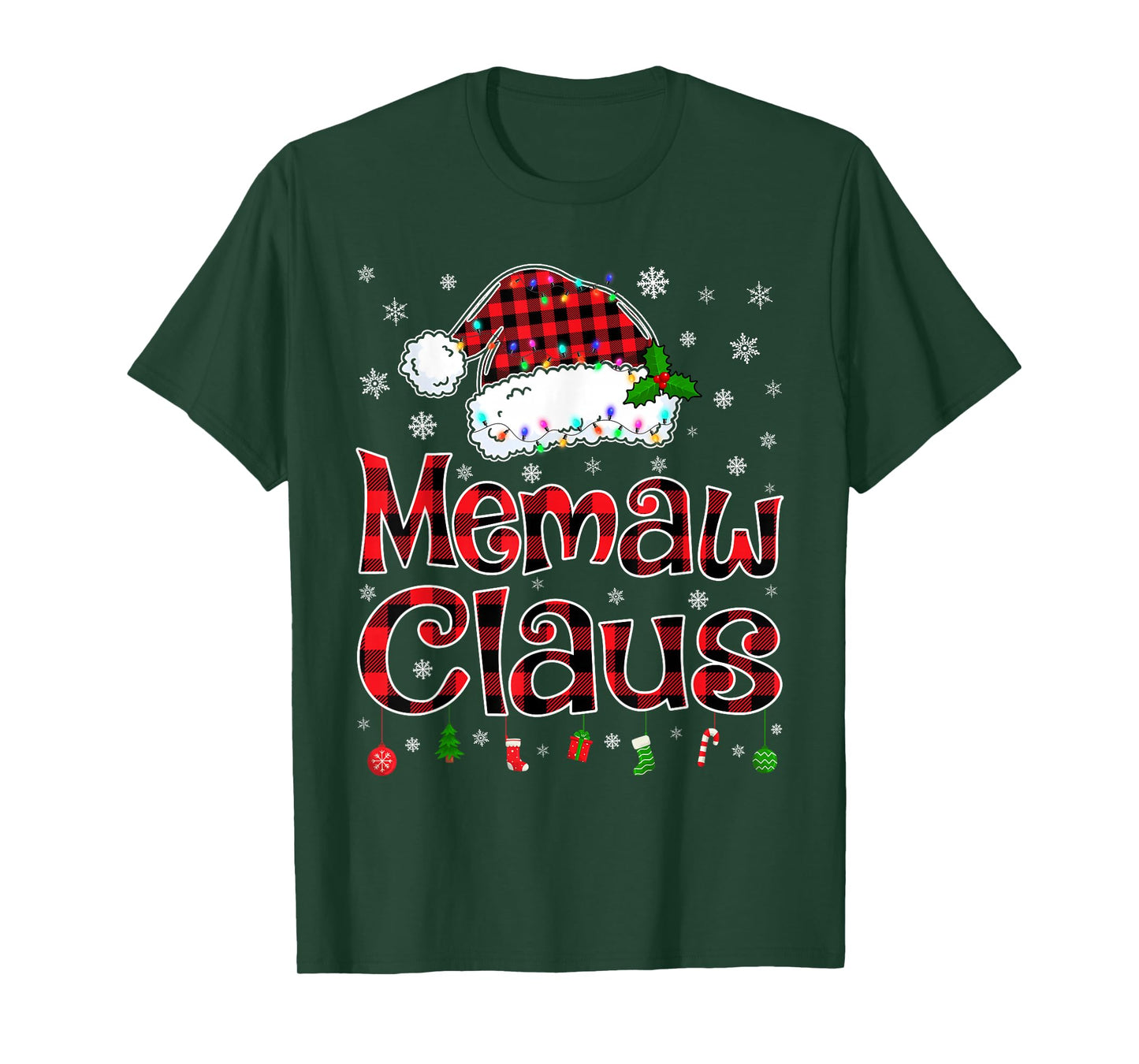 Memaw Claus Christmas Lights Xmas Pajama Matching Family T-Shirt