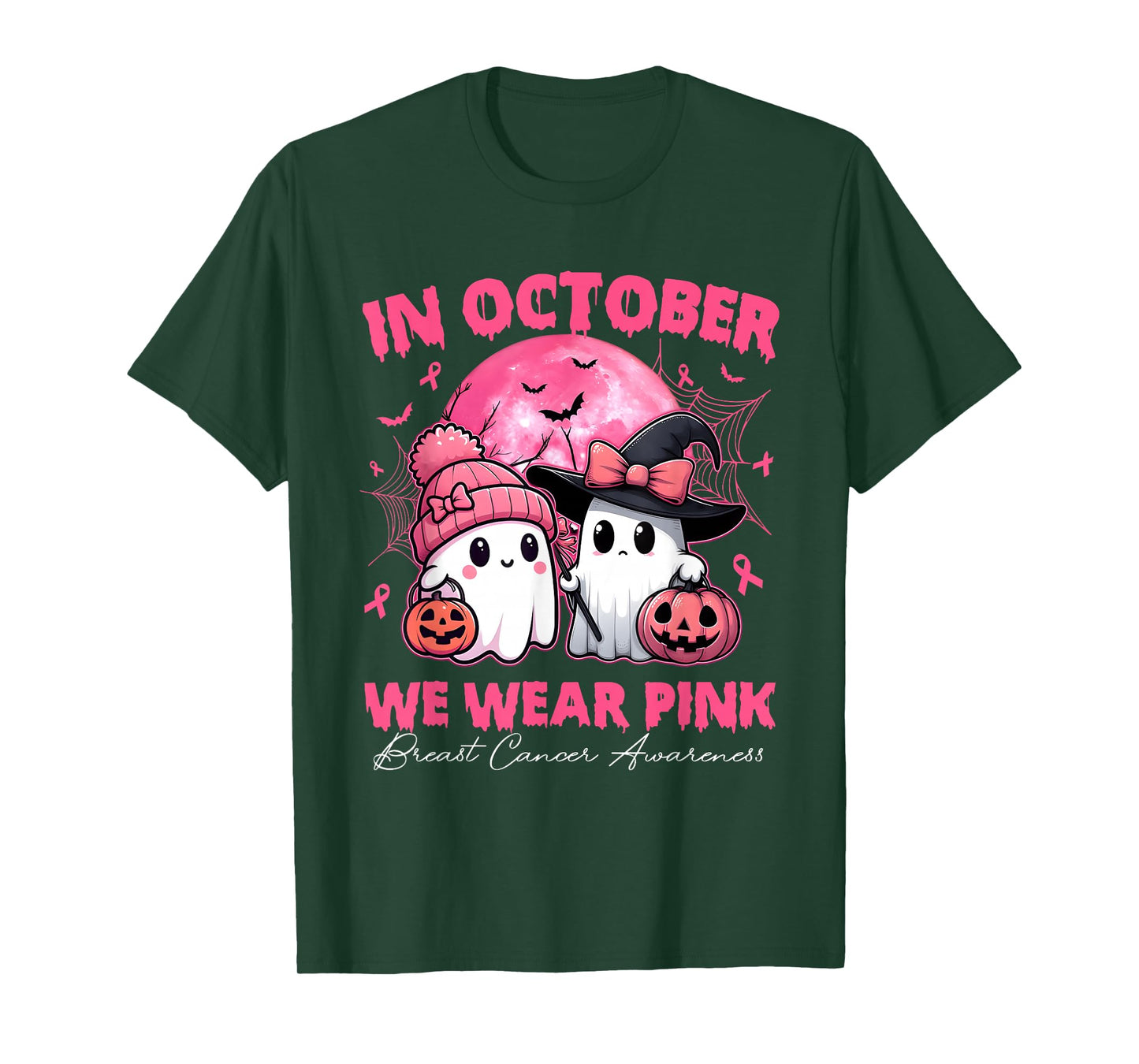 in October We Wear Pink Ghost Witch Breast Cancer Awareness T-Shirt