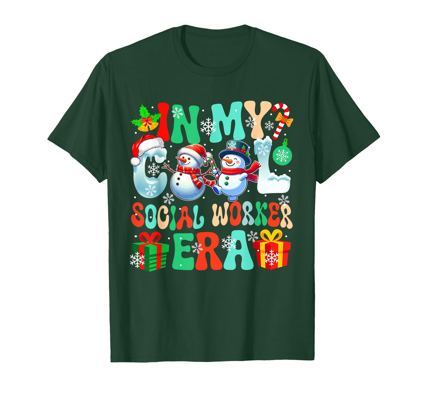 in Social Worker Era Xmas Proud Job Santa Snowmen Colorful T-Shirt
