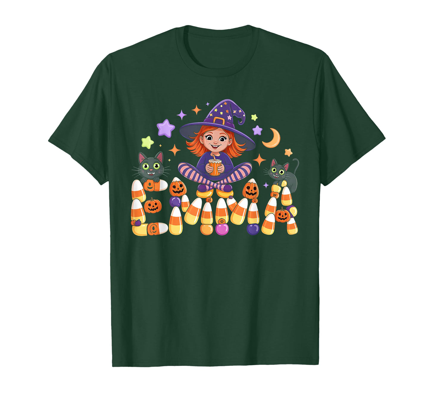 Emma Witch Candy Corn Cat Halloween Women and Girls T-Shirt
