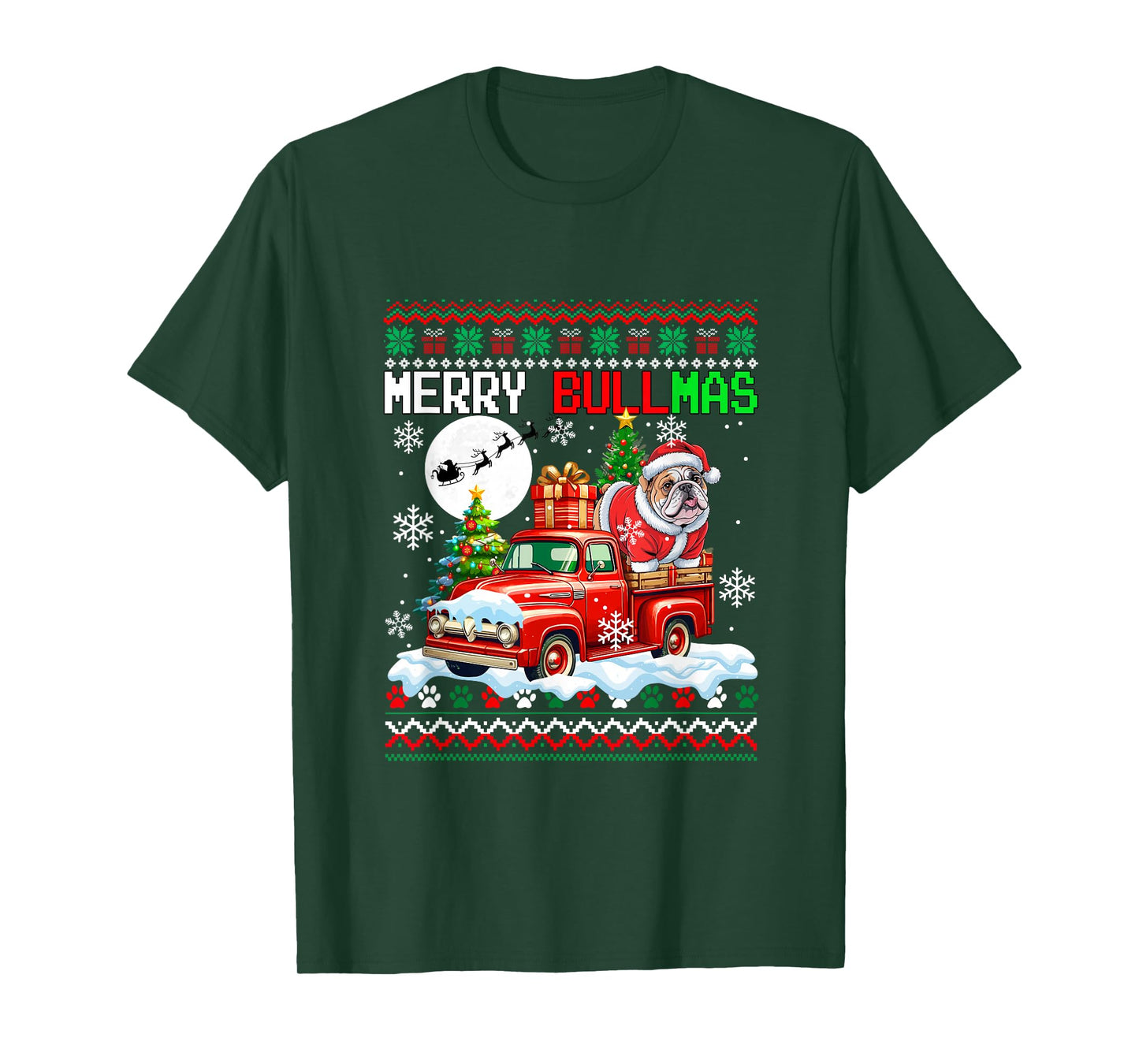 Merry Christmas Sweater Santa Bulldog On Pickup Truck T-Shirt