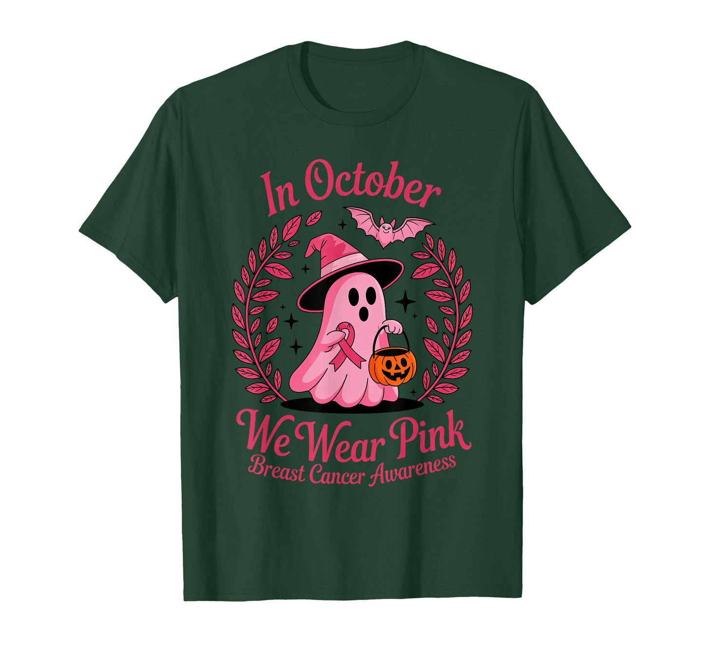 Halloween Ghost Witch Breast Cancer Awareness Pink Ribbon T-Shirt