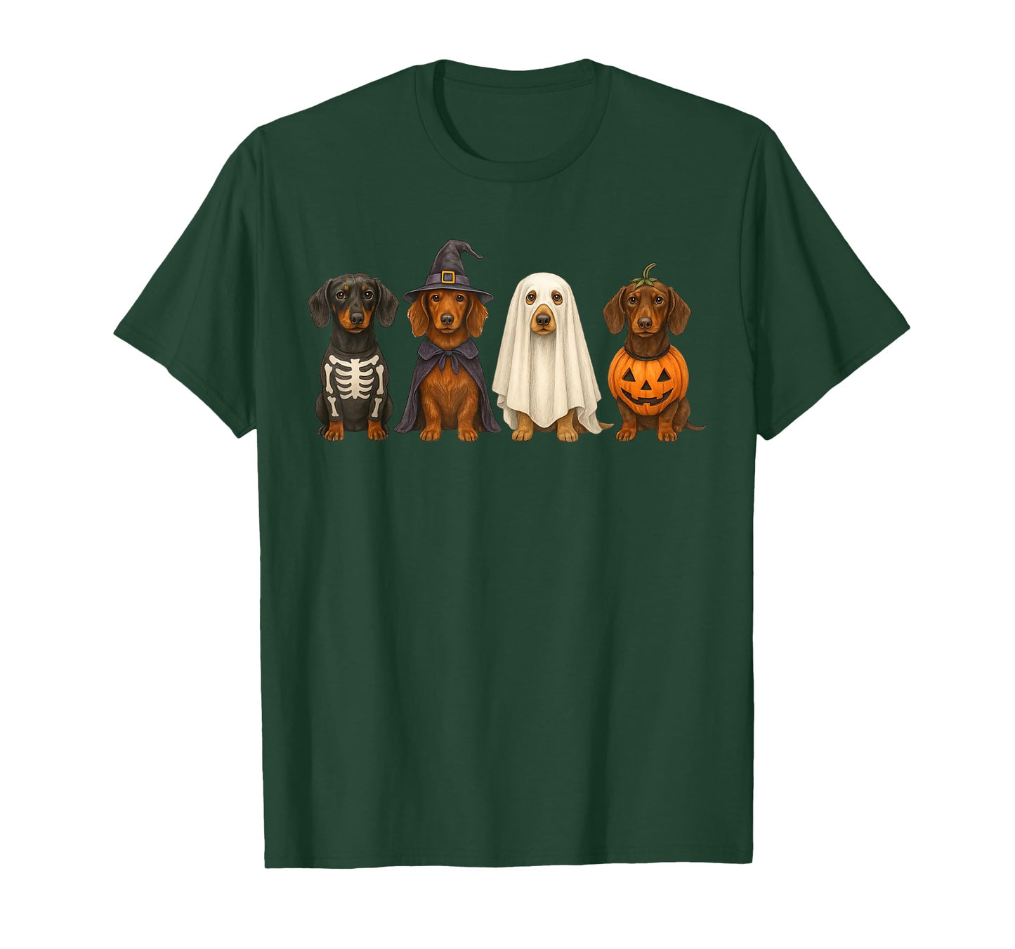 Dachshund Dogs Halloween Witch Ghost Pumpkin Art T-Shirt