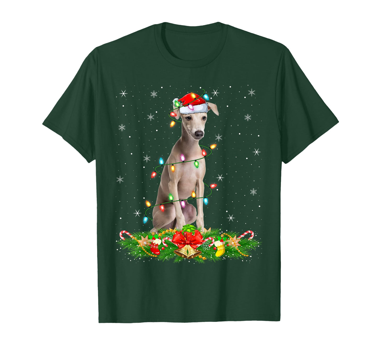 Italian Greyhound Dog Christmas Lights Funny Santa Hat Xmas T-Shirt