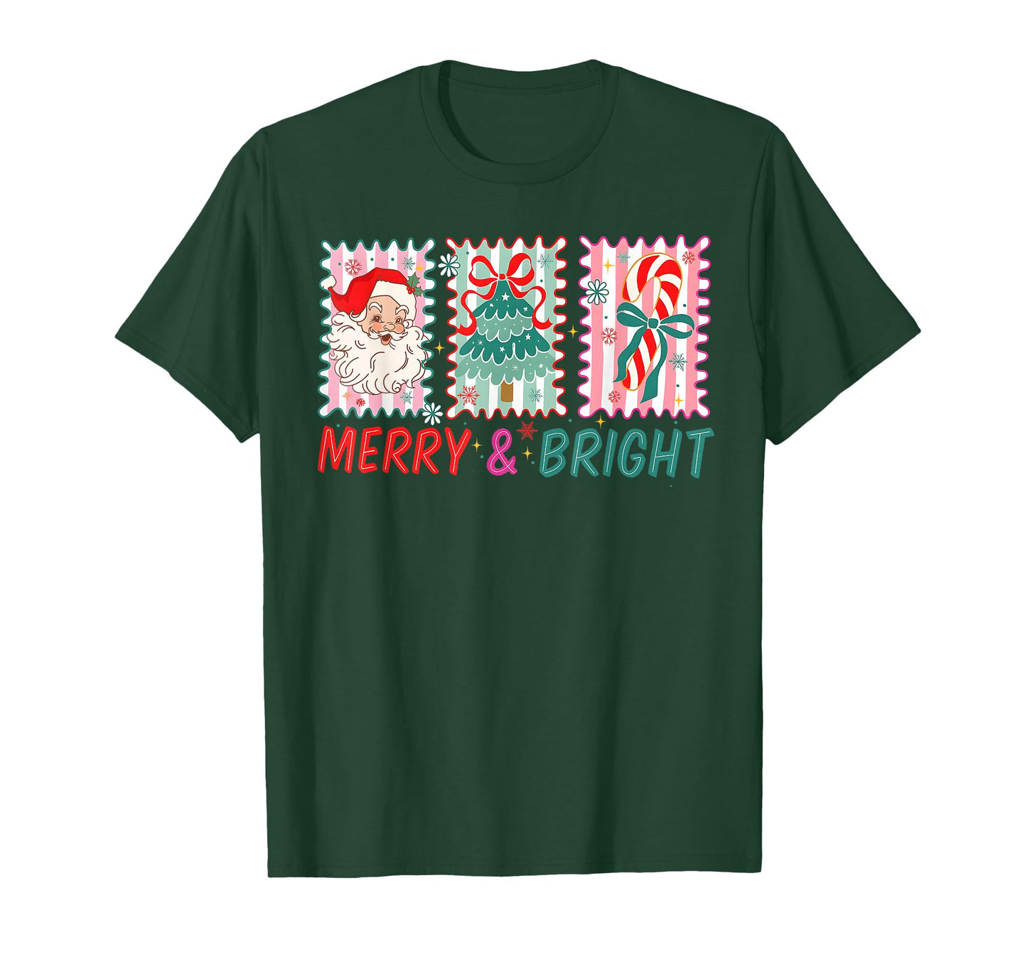 Merry Bright Christmas Tree Santa Candy Cane Coquette Bow T-Shirt