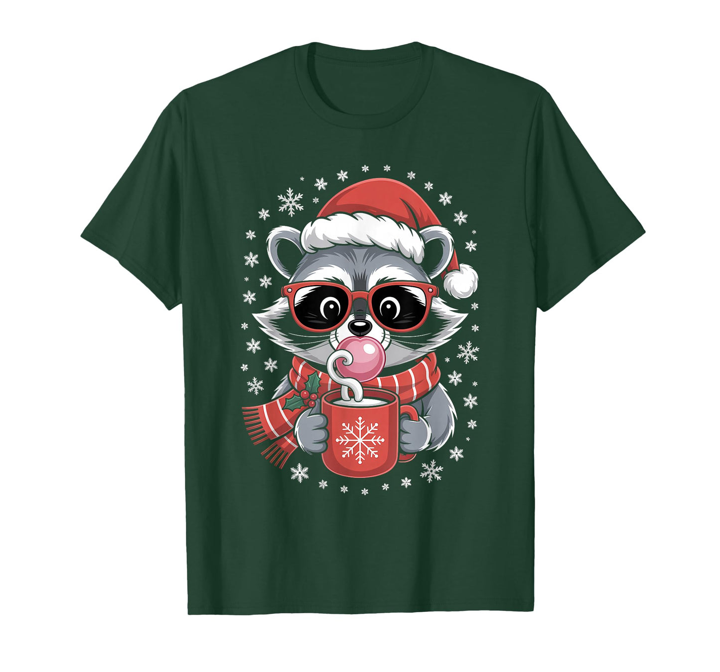 Funny Christmas Raccoon in Red Glasses Bubble Men Women Kids T-Shirt