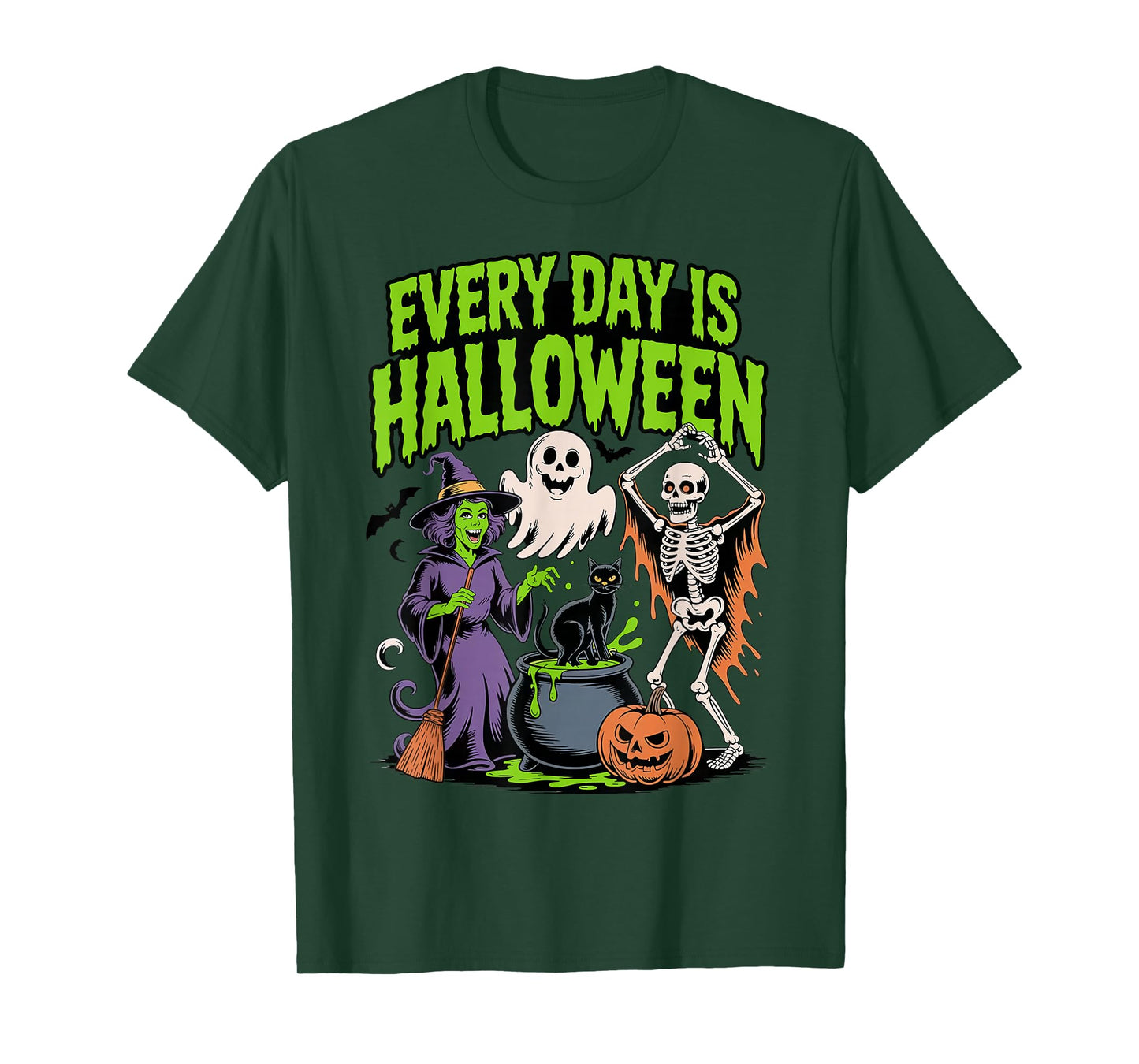 Every Day is Halloween Funny Witch Skeleton Ghost Black Cat T-Shirt