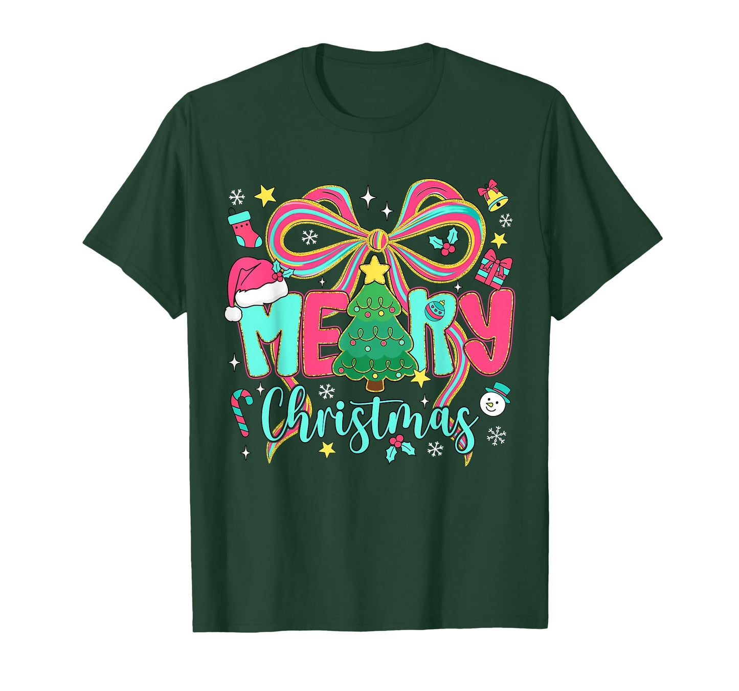 Preppy Merry Christmas Coquette Bow Pink Christmas Tree Girl T-Shirt