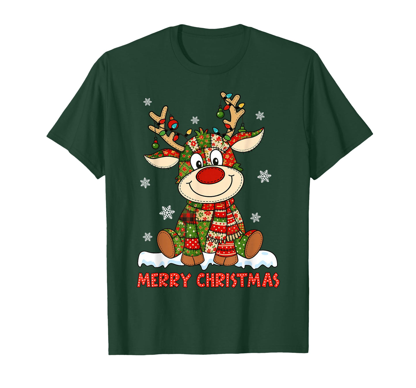 Merry Christmas Lighting Reindeer Patchwork Matching Family T-Shirt