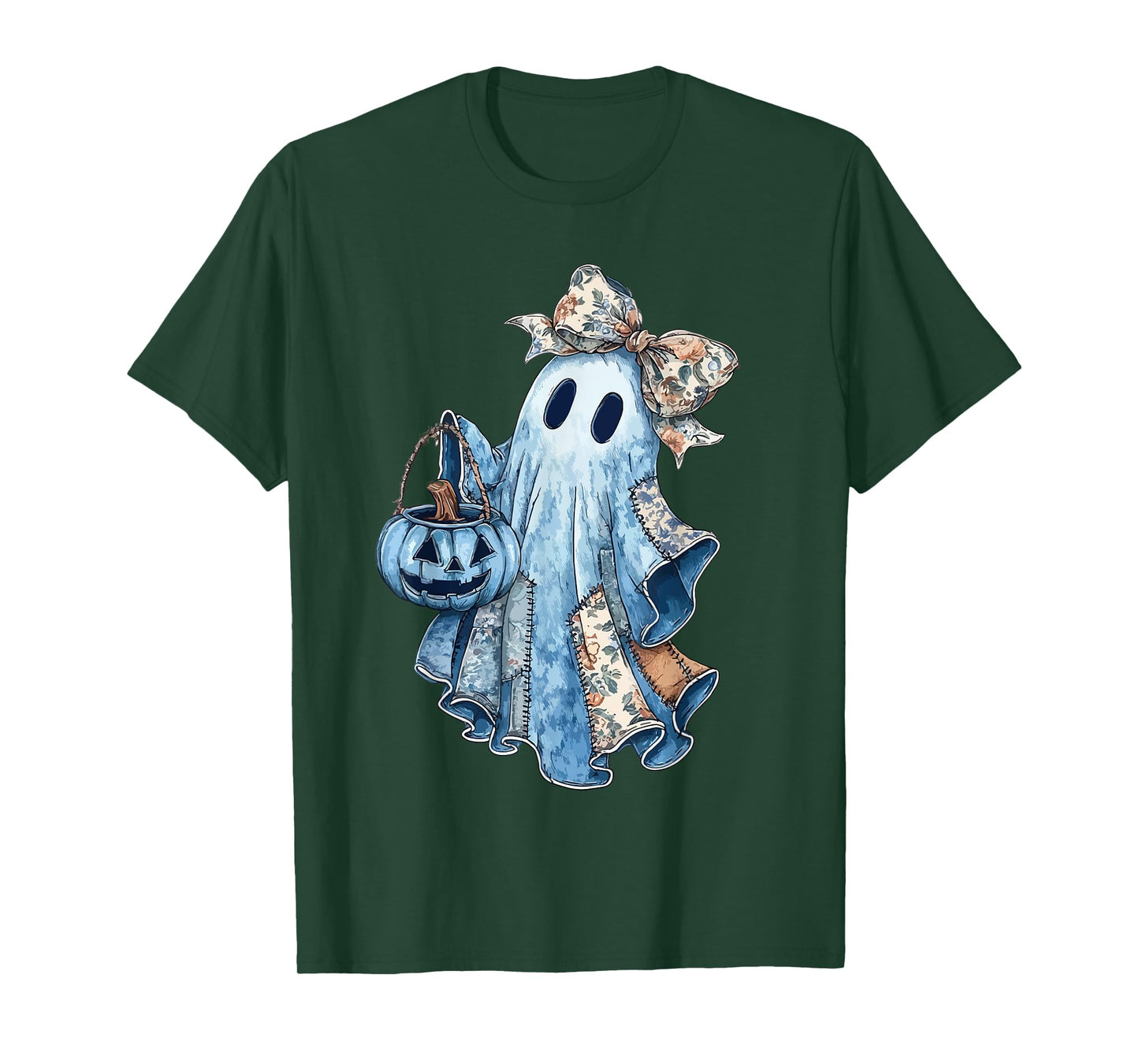 Halloween Blue Denim Boo Ghost Floral Coquette Bow Pumpkin T-Shirt