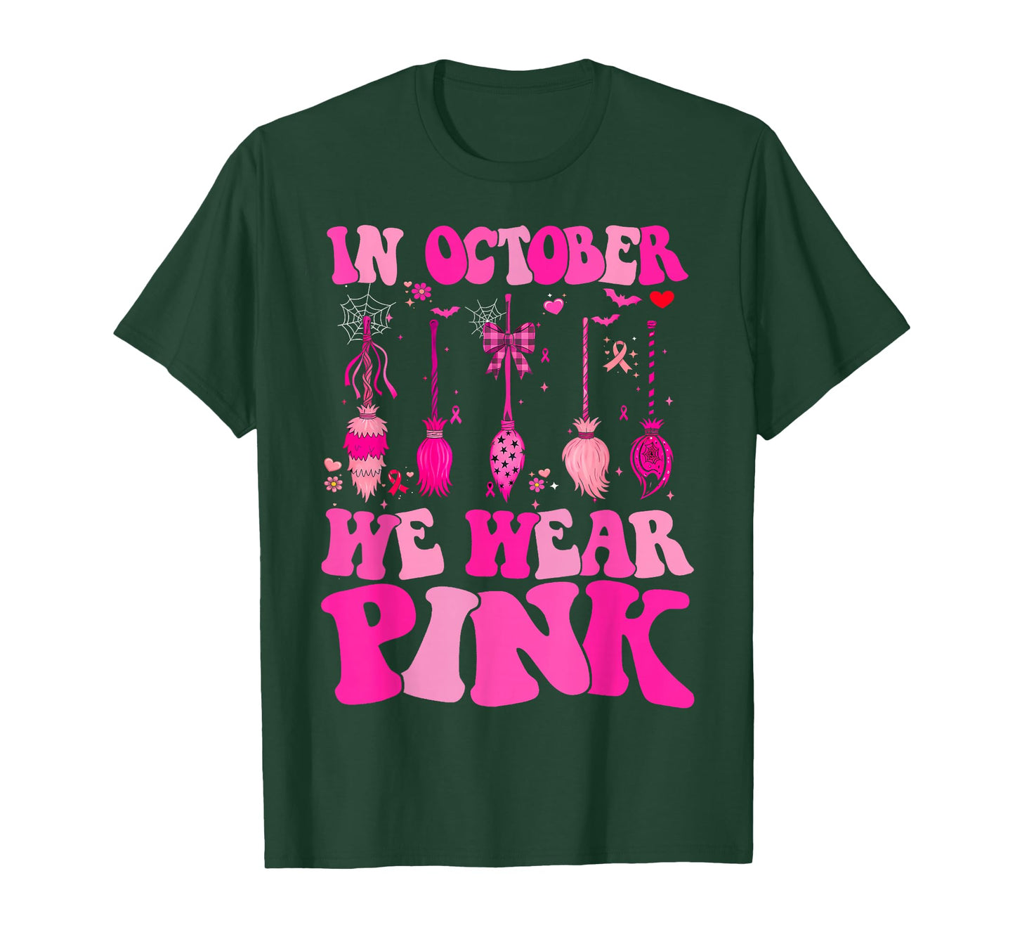 in October We Wear Pink Witch Broom Breast Cancer Awareness T-Shirt