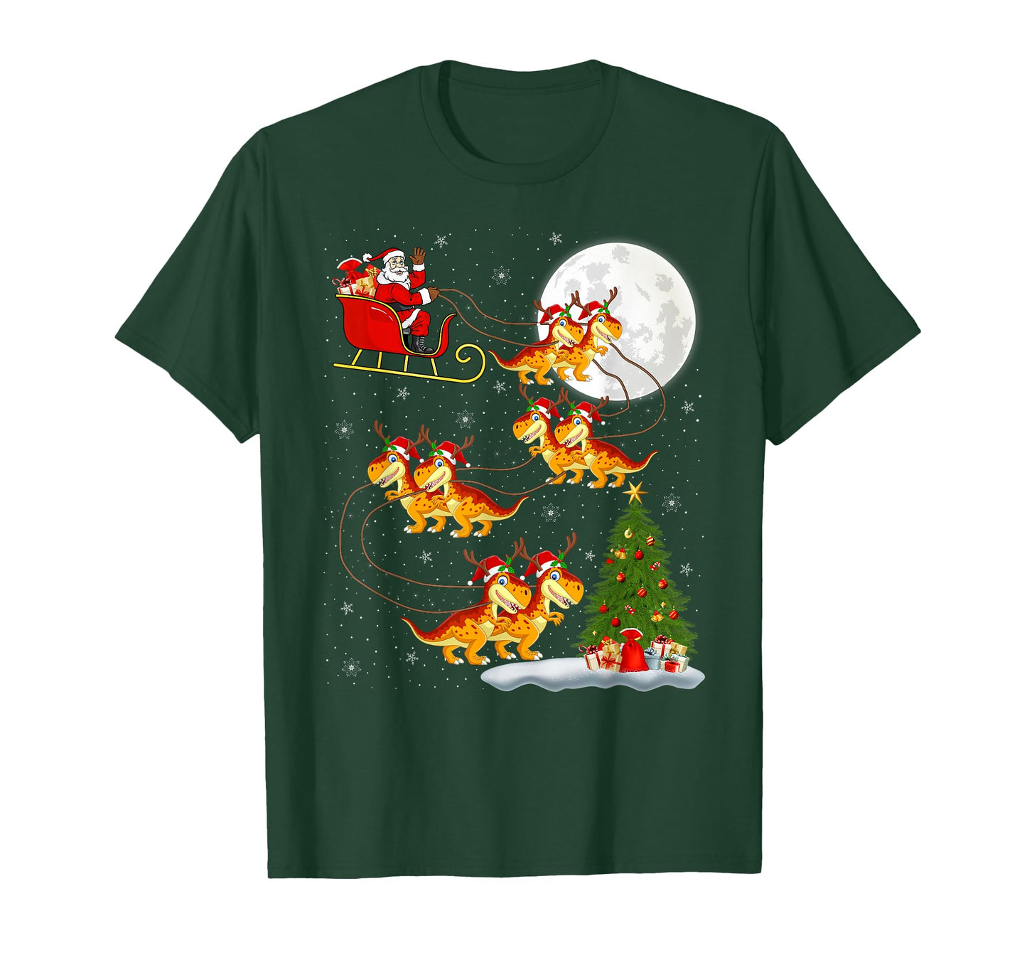 Dinosaur Dino Santa Sleigh Flying Funny Magical Christmas T-Shirt