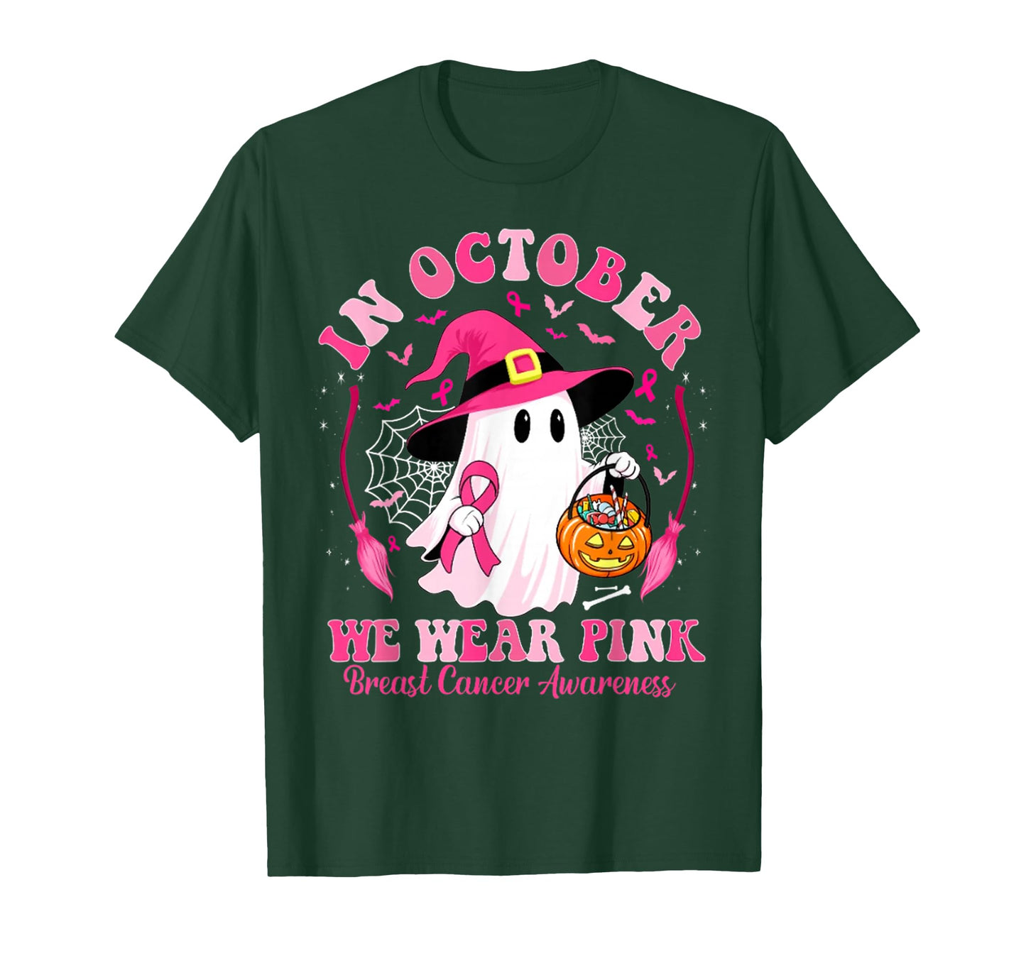 in October We Wear Pink Ghost Witch Breast Cancer Awareness T-Shirt