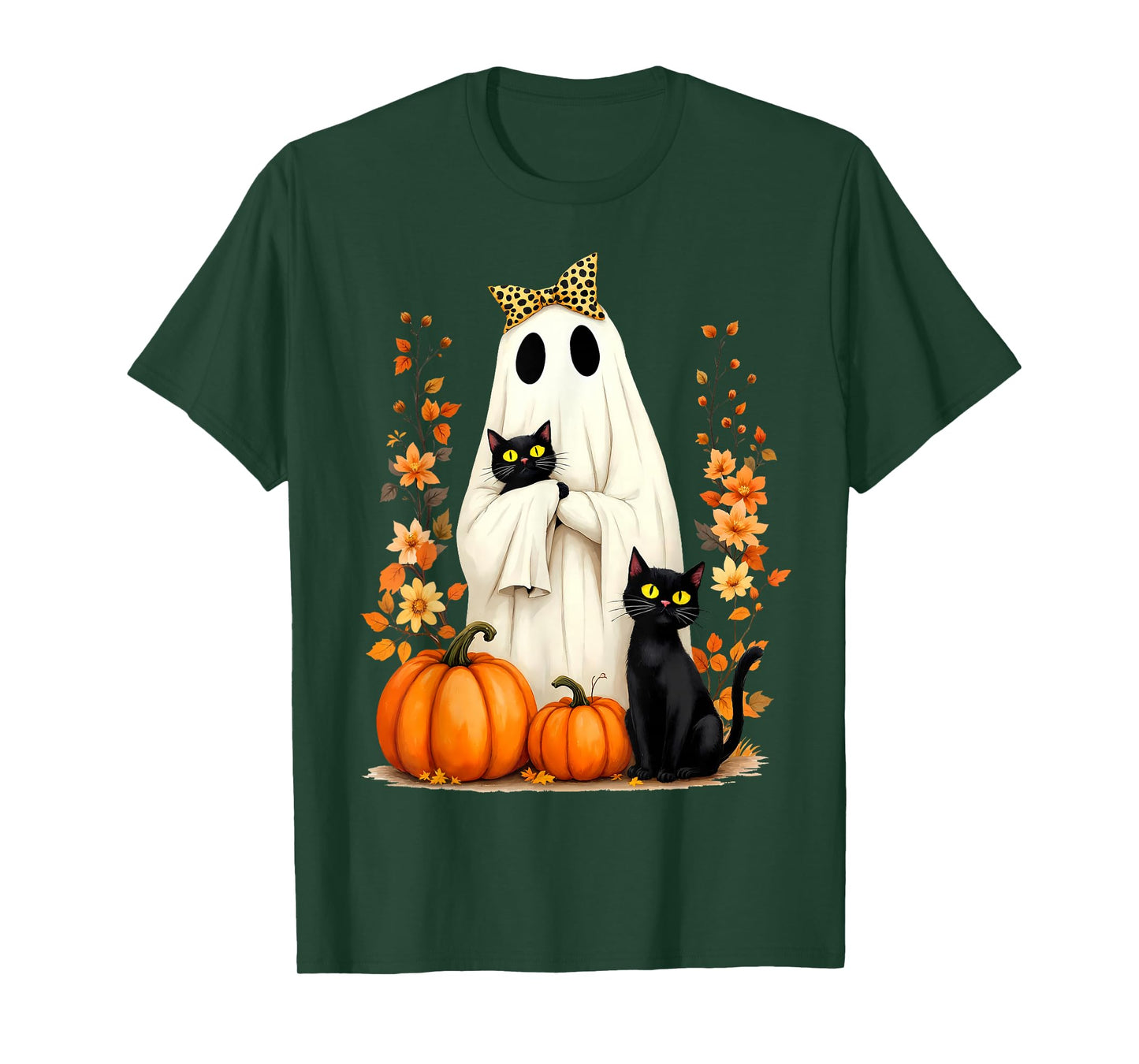 Ghost Holding Black Cat Halloween Cats Lover Women Floral T-Shirt