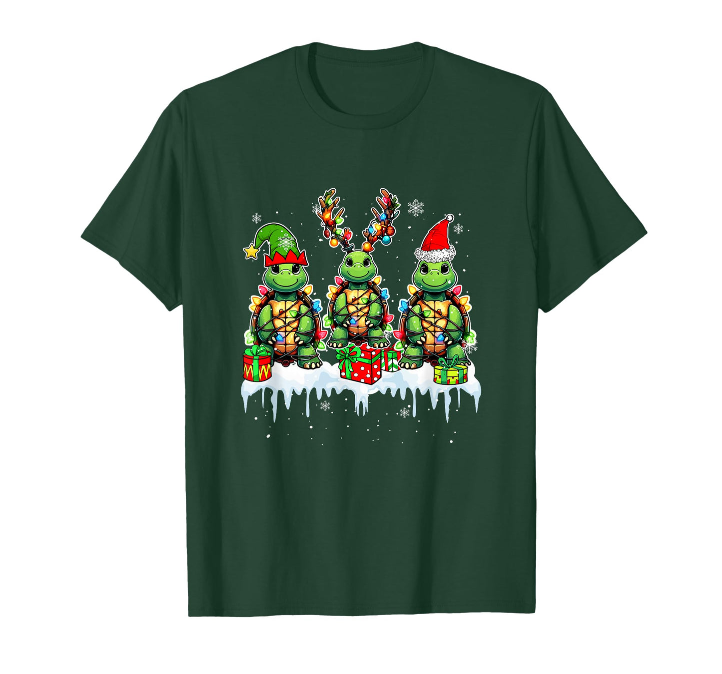 Three Santa Reindeer Elf Turtles Christmas Colorful Lights T-Shirt