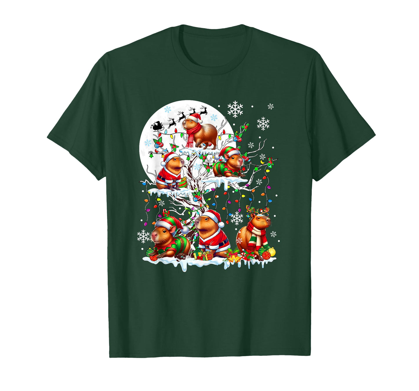 Group Santa Reindeer Elf Capybaras On Tree Christmas Snow T-Shirt