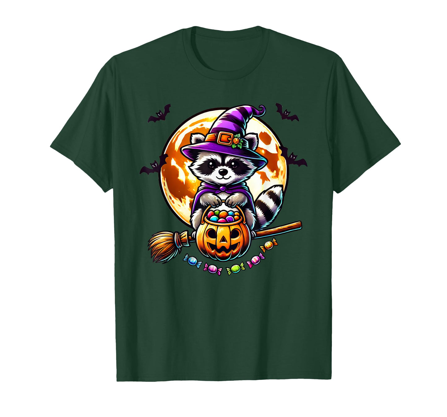 Cute Raccoon Witch Hat Pumpkin Halloween T-Shirt