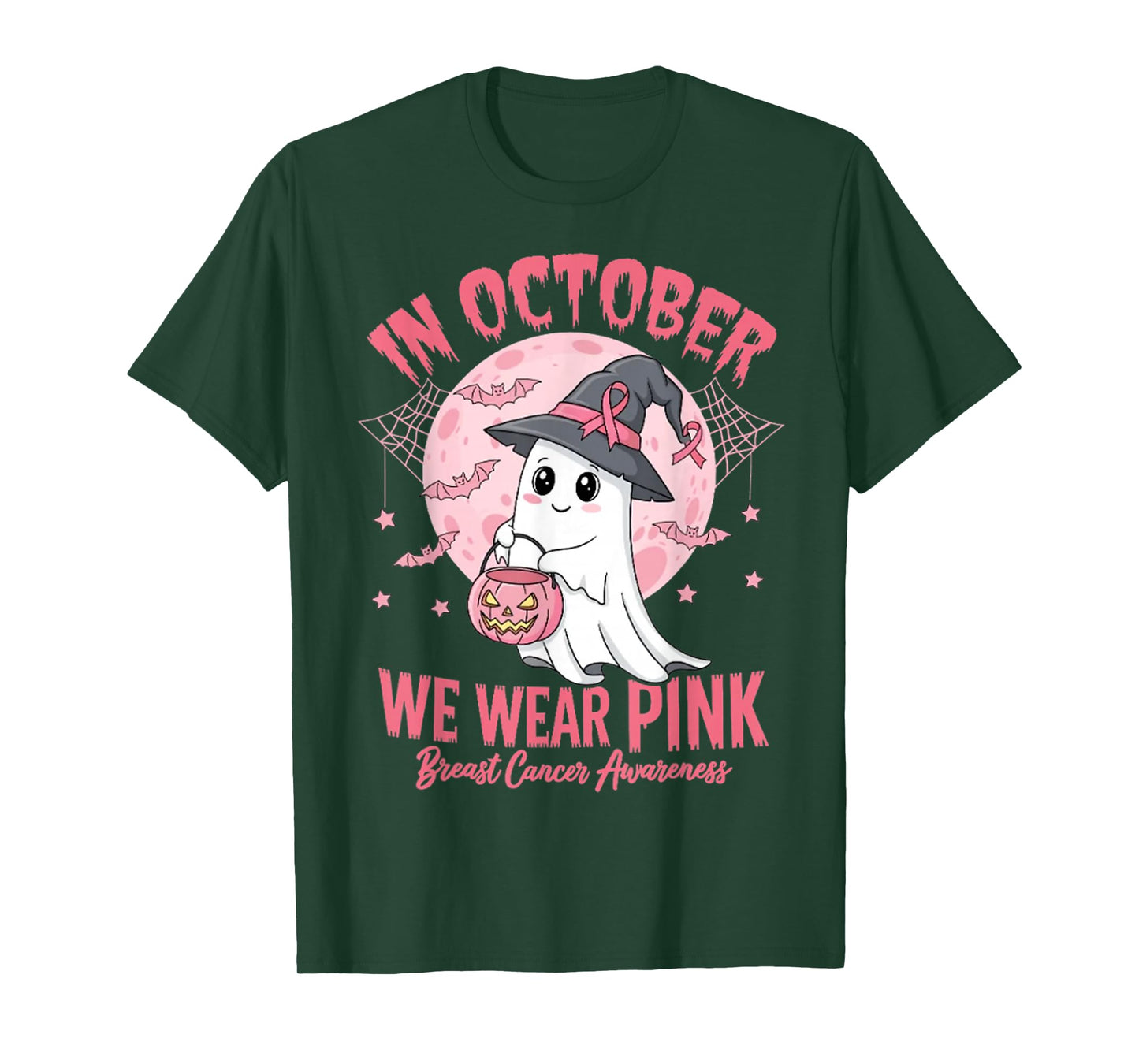 in October We Wear Pink Ghost Witch Breast Cancer Awareness T-Shirt