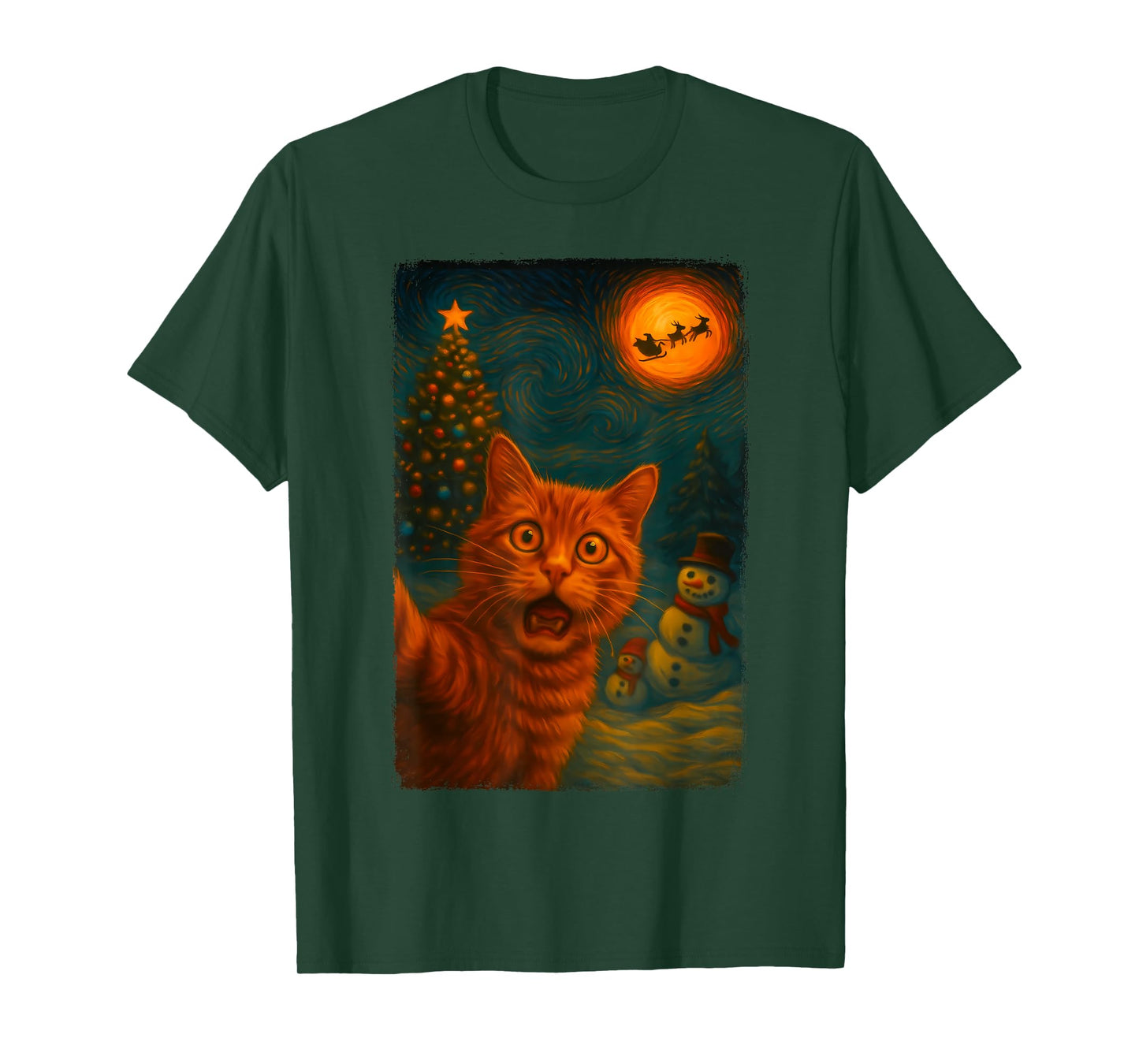 Funny Cat Selfie Santa Snowman Starry Night Cozy Christmas T-Shirt