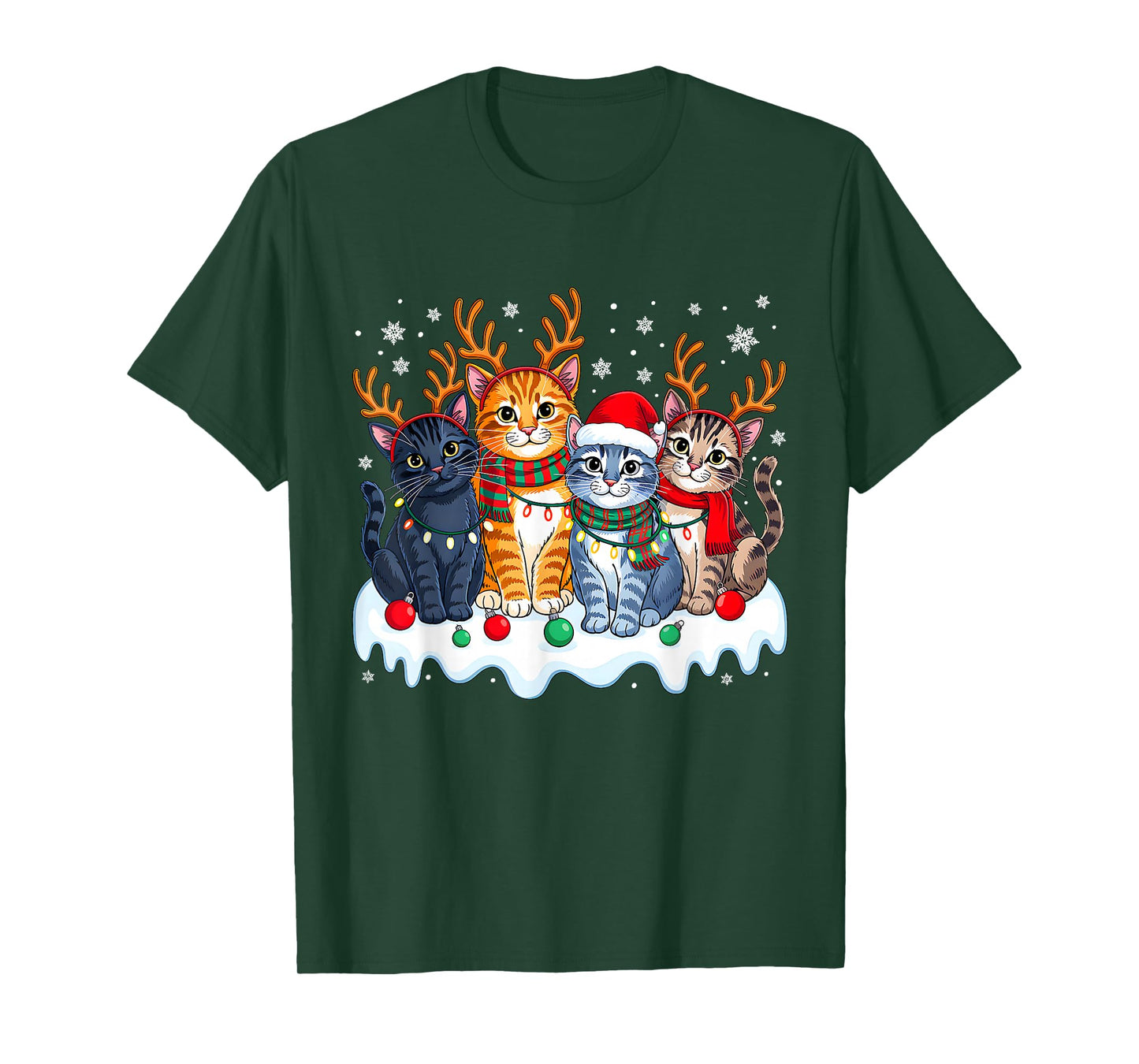 Cat Christmas Light Reindeer Santa Christmas Funny Cat Lover T-Shirt