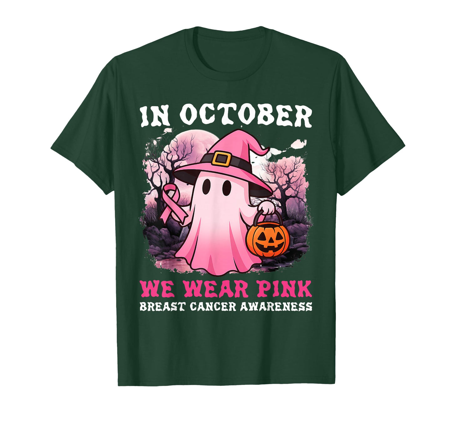 in October We Wear Pink Ghost Witch Breast Cancer Awareness T-Shirt