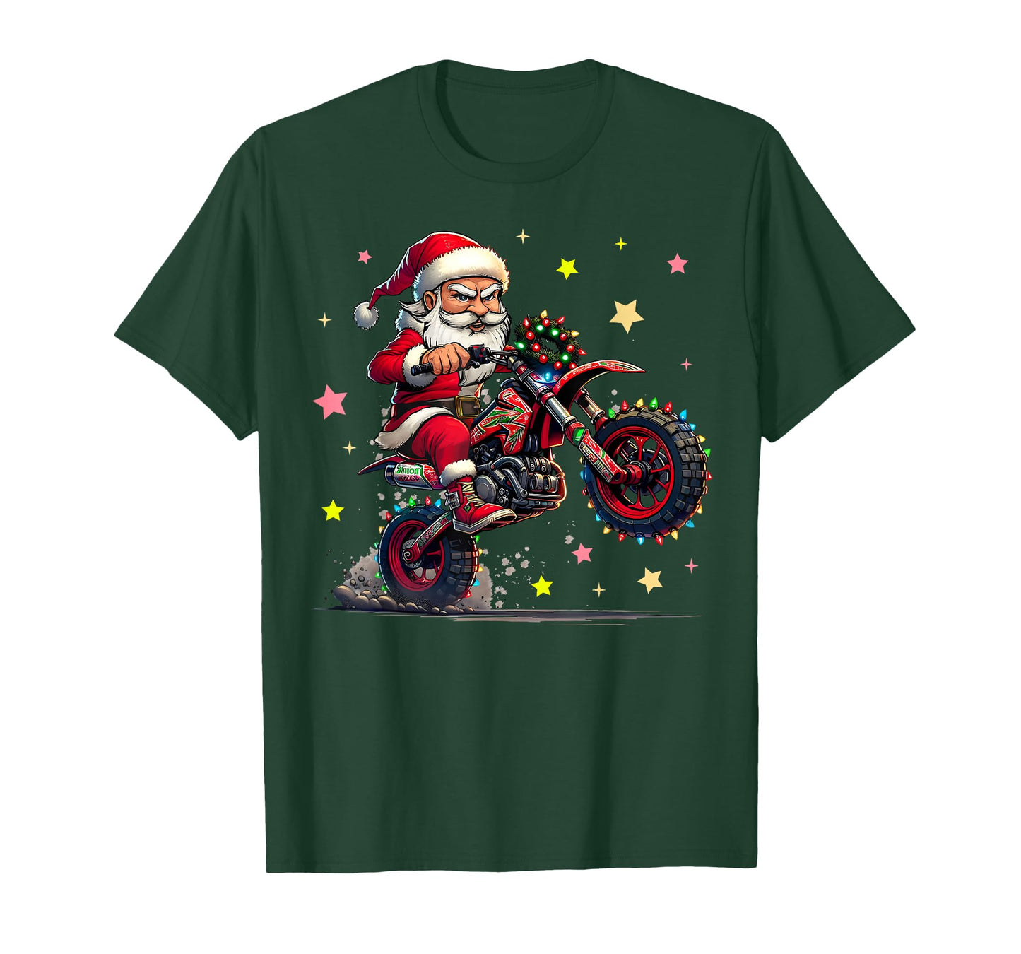 Santa Claus is Riding A Dirt Bike with Christmas Lights Xmas T-Shirt