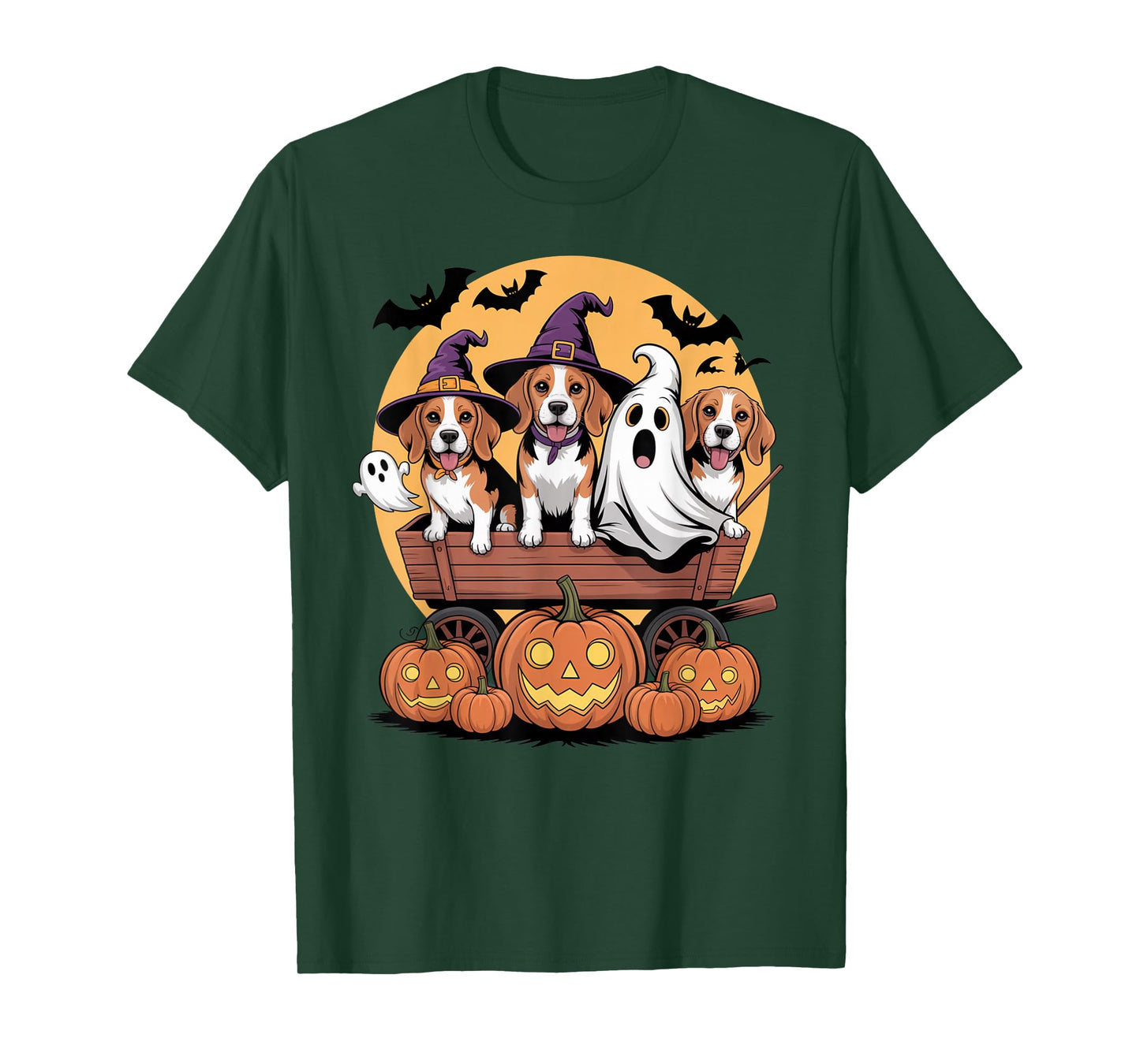 Beagle Halloween Wagon Witch Hats Ghost Bats Pumpkins Funny T-Shirt