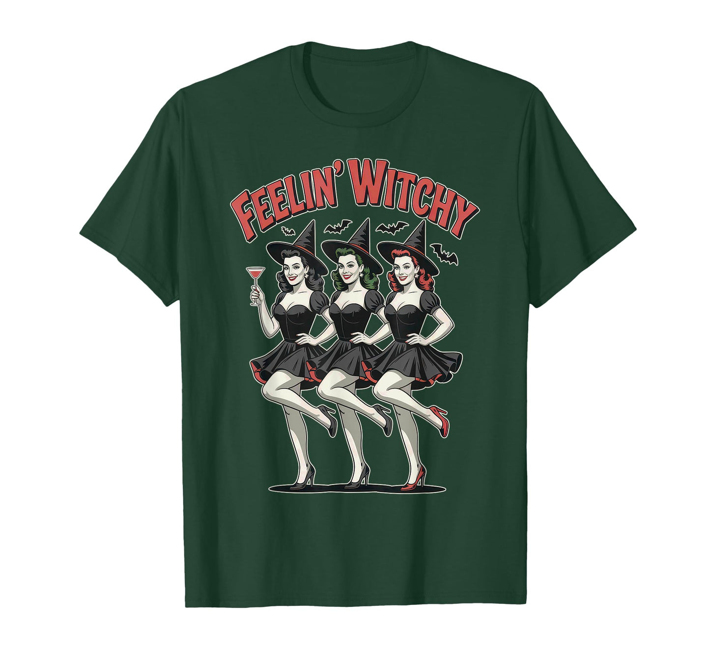 Cute Funny Feelin Witchy Halloween Witches with Bats T-Shirt