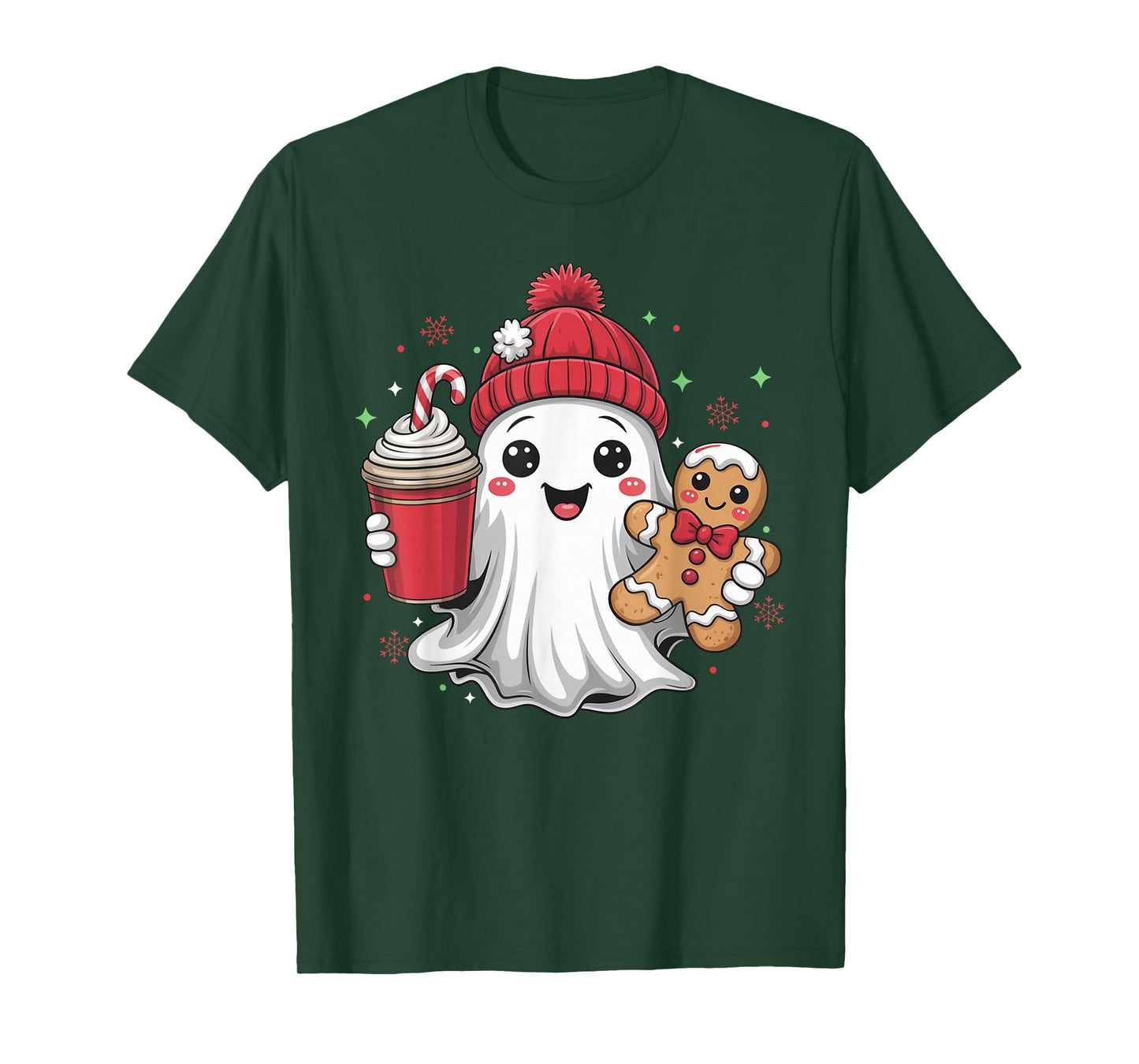 Retro Ghost Beanie Christmas Holiday Xmas Coffee Gingerbread T-Shirt