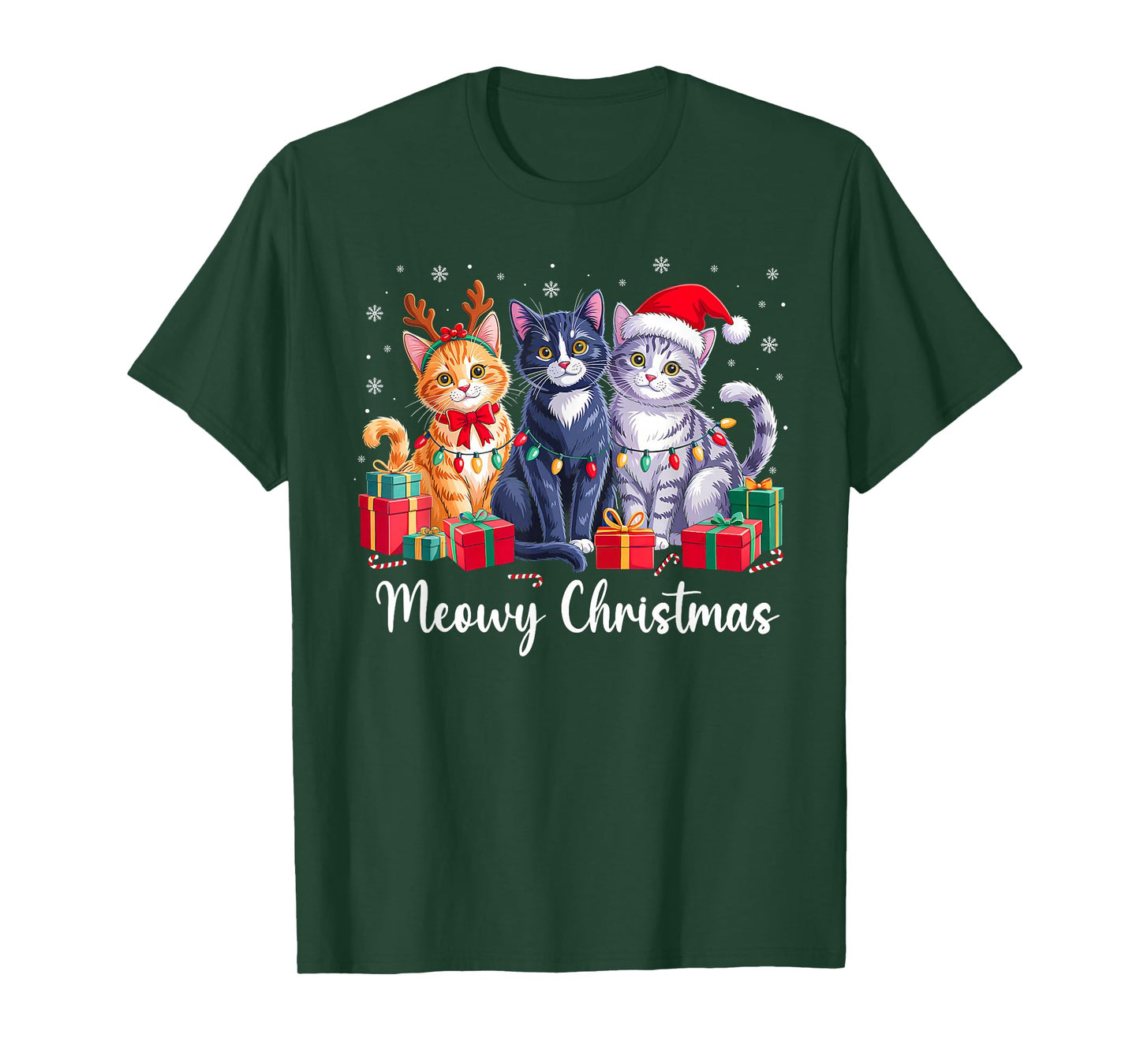 Meowy Christmas Lights Reindeer Santa Cat Lover Xmas Pajamas T-Shirt
