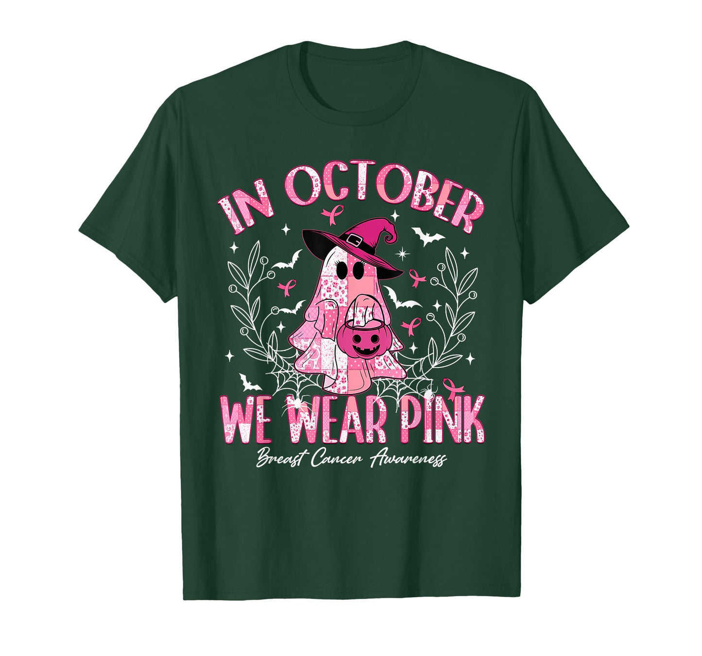 in October We Wear Pink Ghost Witch Breast Cancer Awareness T-Shirt