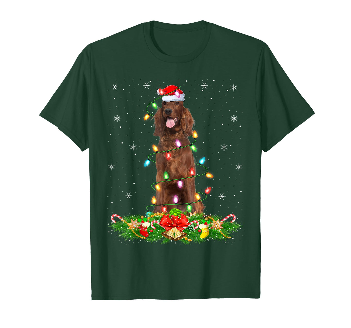 Irish Setter Dog Christmas Lights Funny Santa Hat Xmas T-Shirt