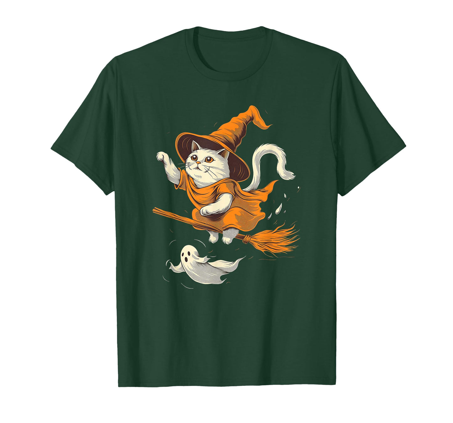 Witchy Cat on a Broomstick with Ghost Halloween T-Shirt