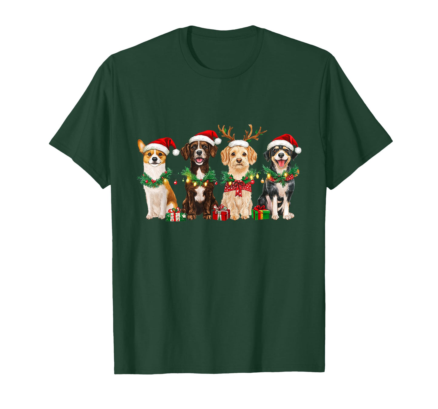 Four Christmas Dogs with Santa Hats and Holiday Lights T-Shirt