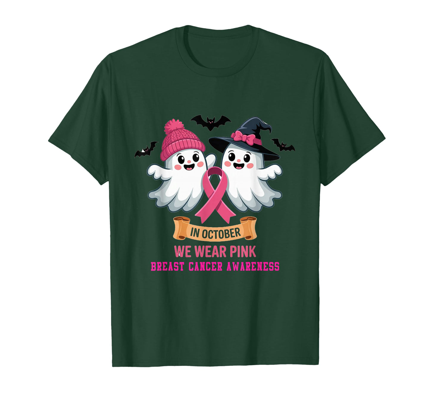 in October We Wear Pink Ghost Witch Breast Cancer Awareness T-Shirt